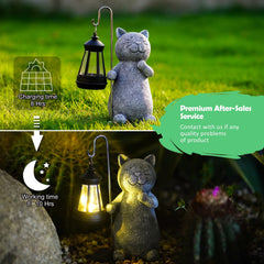 Solar Cat Statue Garden Ornament with Lantern - Weatherproof Outdoor Grey Figurine for Patio, Balcony, Fairy Gardens | 19.5cm Unique Gift for Women/Men/Mum (Birthday, Christmas)