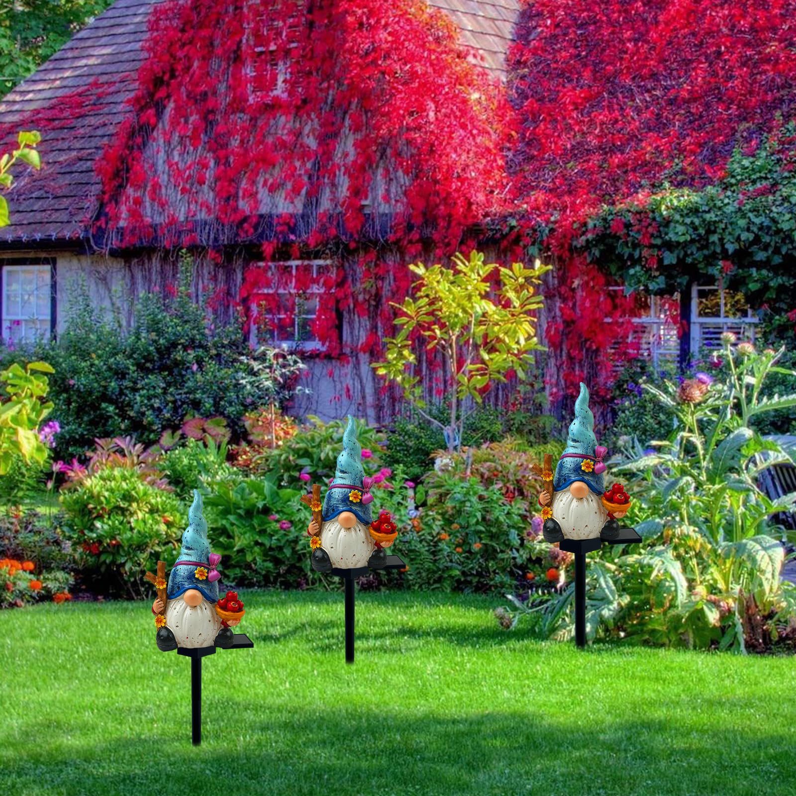 LAIAMER Solar Gnome Garden Lights, Outdoor Gnome Statue with Flowers & Apple, Solar Powered Fairy Garden Lights Gnome Decorations for Home Outside Yard Lawn Patio Gnomes Gifts (Blue)