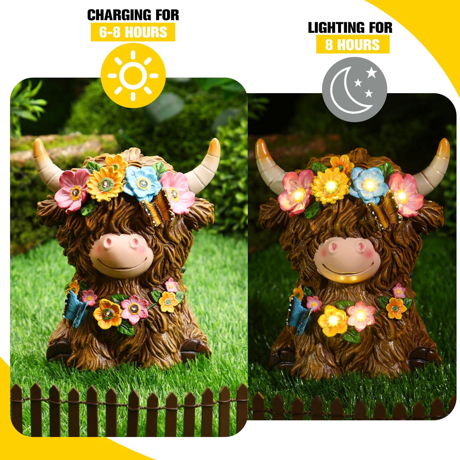 Colingmill Highland Cow Gnomes Resin, Garden Highland Cow Statue Solar Outdoor Decor with Flower Decoration for Patio, Yard, Gift for Mom, Cow Lovers(Classic)