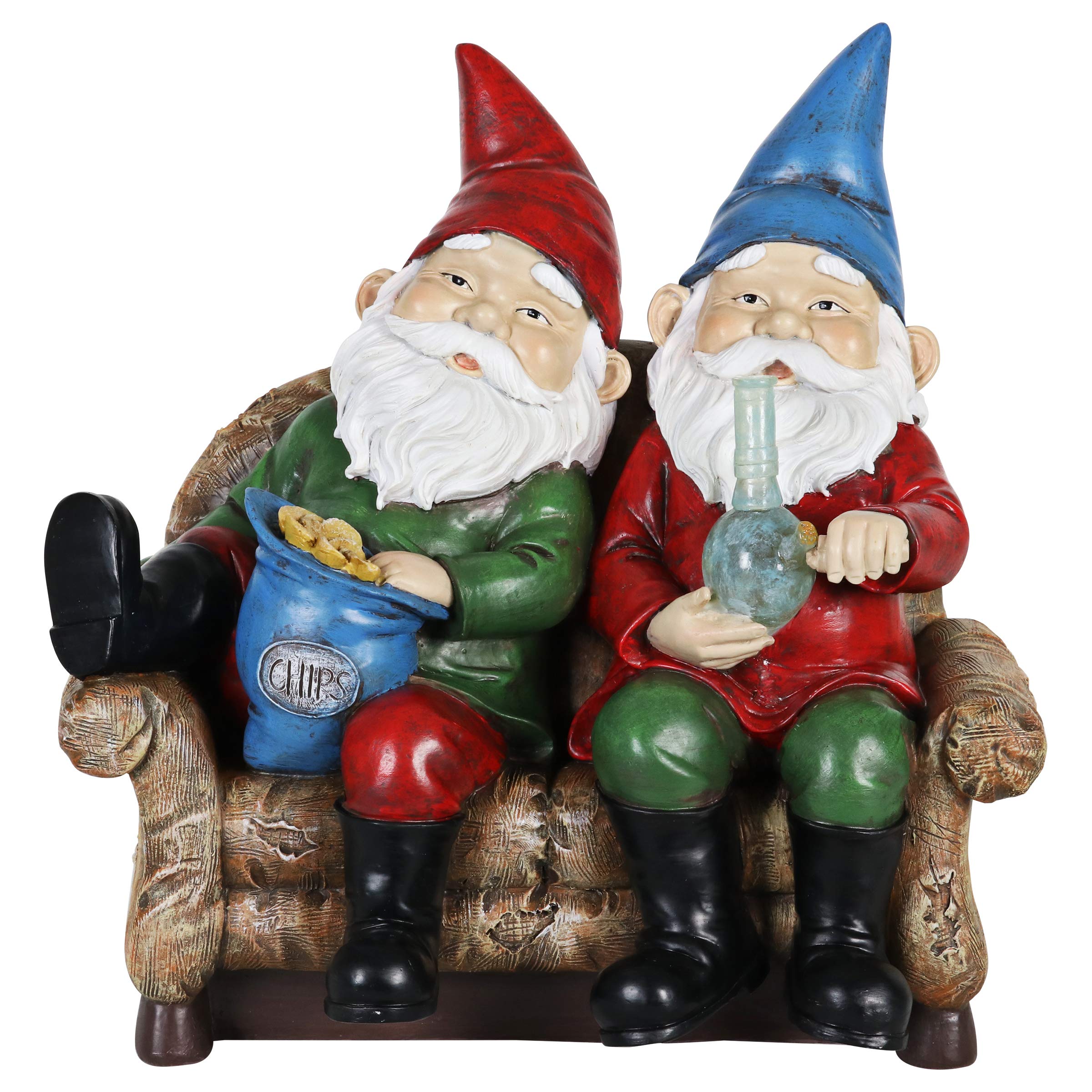 Exhart Good Time Bud Buddies Gnome Statue - Hand-Painted Gnome Best Friends Eating Chips & Smoking Marijuana Weed w/LED Accent Lights - Resin Gnome Decor Perfect for Home Garden Art, 10 Inches Tall