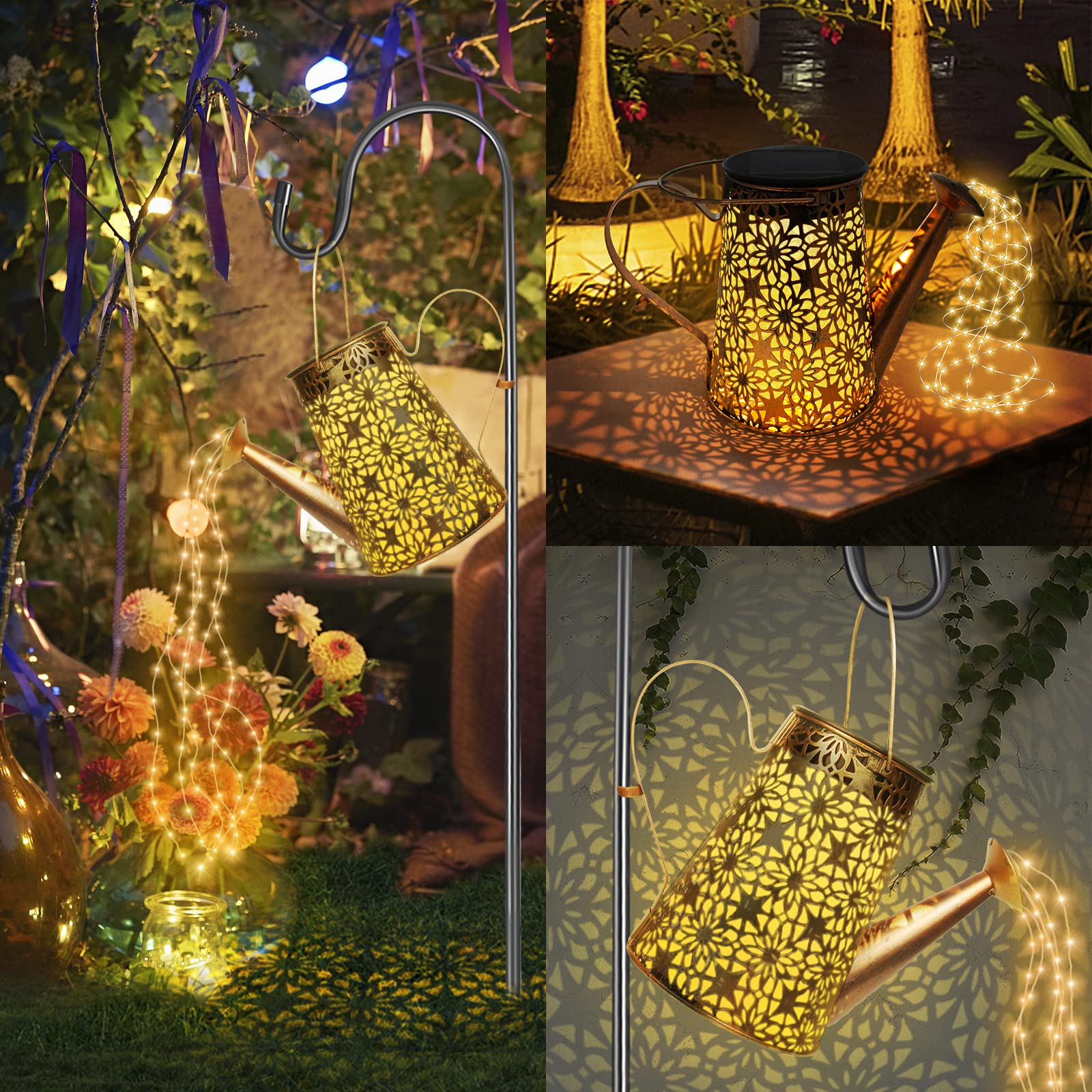 FLSEPAMB Watering Can Solar Lights Garden (2 Pack), IP65 Watering Can with Cascading Lights, Warm Watering Garden Light Decor with Bracket for Pathway, Yard, Patio, Backyard, Bronze, (HSD)