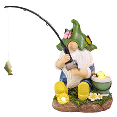 TERESA'S COLLECTIONS Garden Ornaments Outdoor, Lovely Fishing Gnomes with Flowers and Solar Lights, Family Gnomes Series, Waterproof Resin Ornaments, Garden Decorations Gifts Indoor Outdoor 23CM