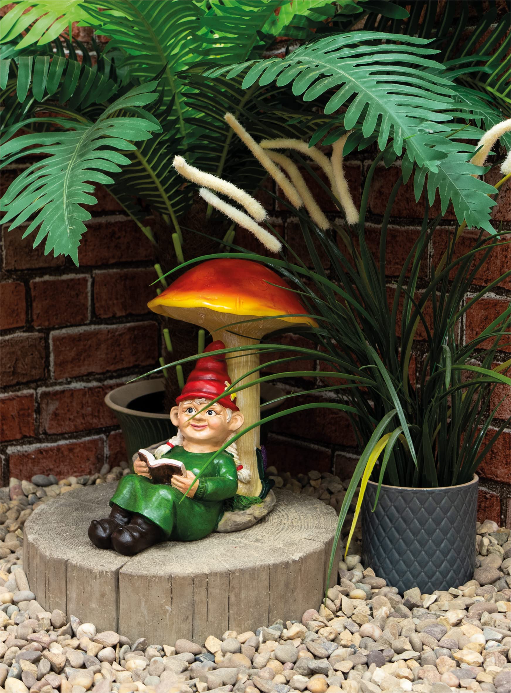 Solar Garden Ornament - Lady Gnome with Red Hat, classic outdoor ornament