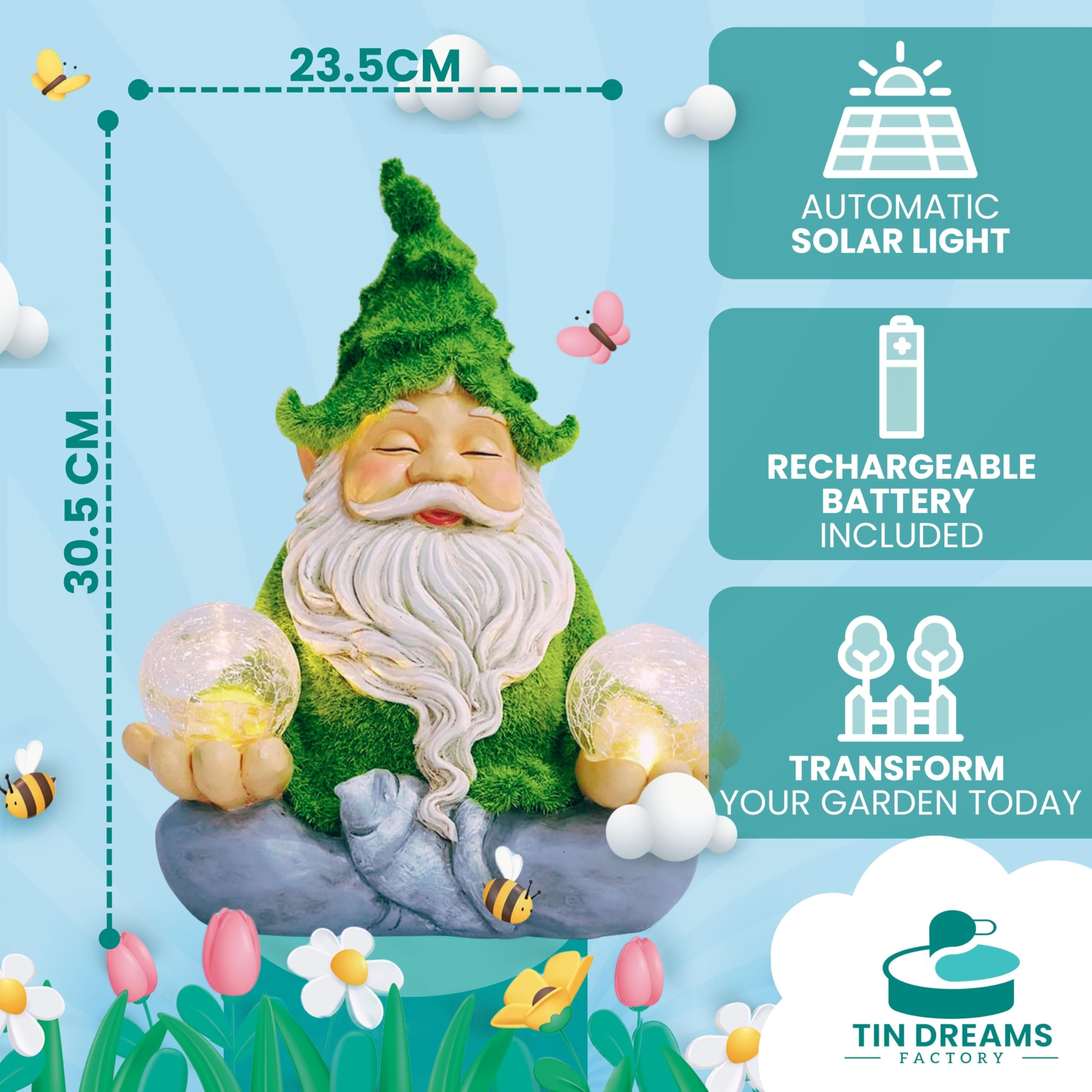 TIN DREAMS FACTORY | Zen Gnome with Solar Light – Decorative Garden Figure in Resin – Gnome with Luminous LED Ball – Original Ornament for Garden, Terrace, and Patio