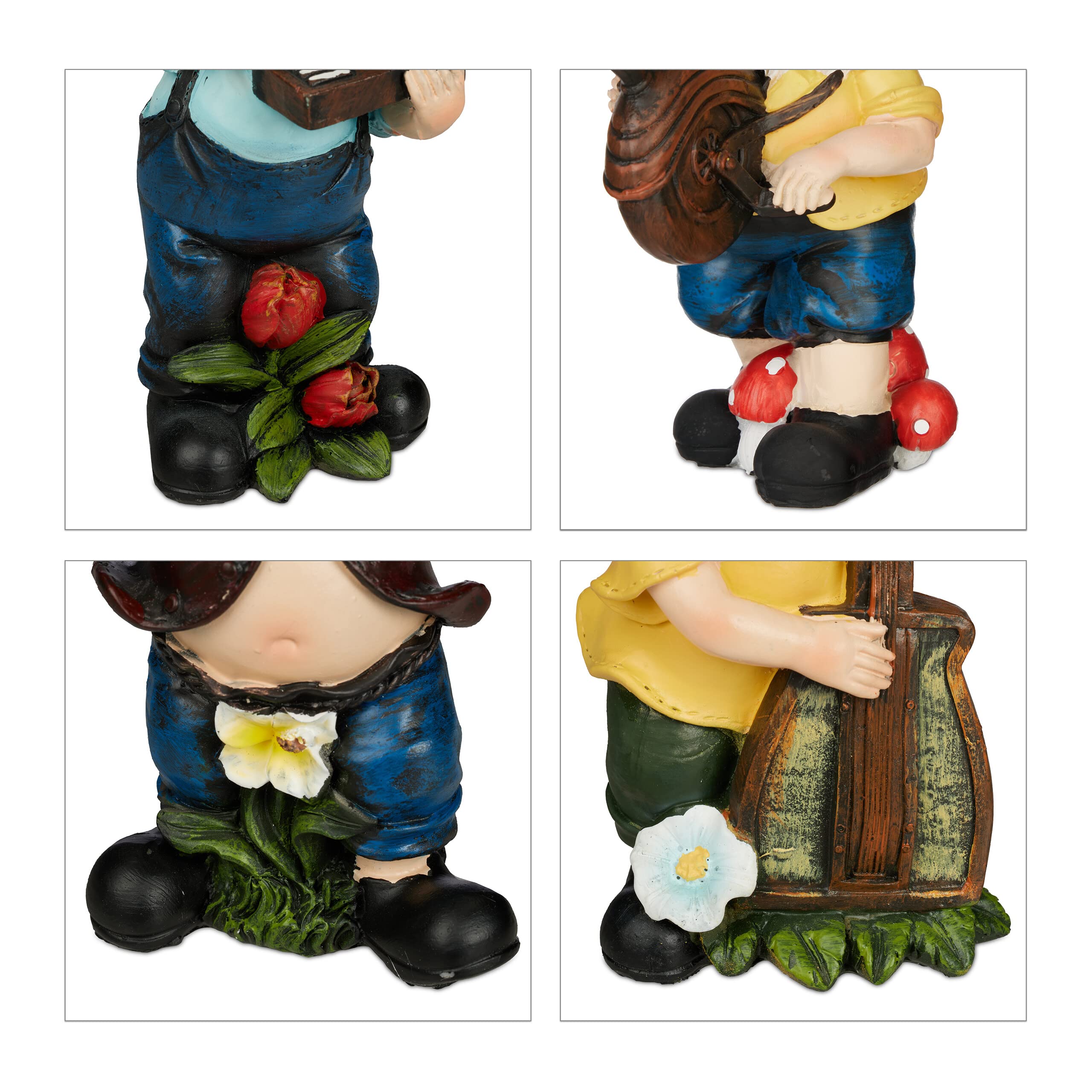 Relaxdays Set of 4 Garden Gnomes, Musicians with Instruments, Fost Resistant, Outdoor Figurine, Polyresin, Multicoloured, 15 cm