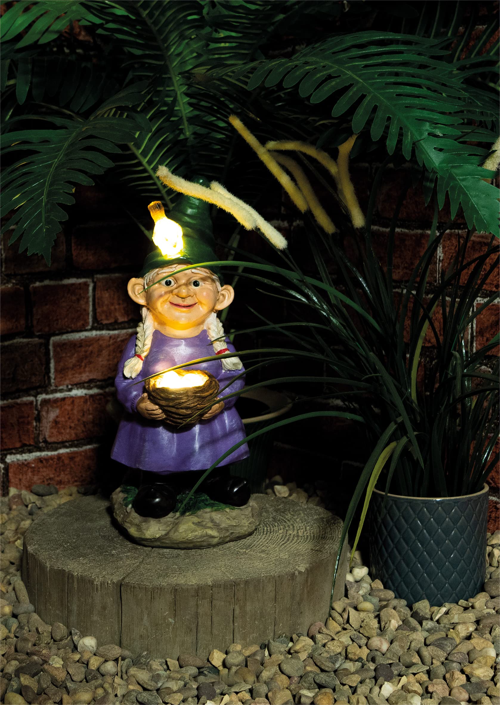 Solar Garden Ornament - Lady Gnome with Egg Basket, classic gnome ornament