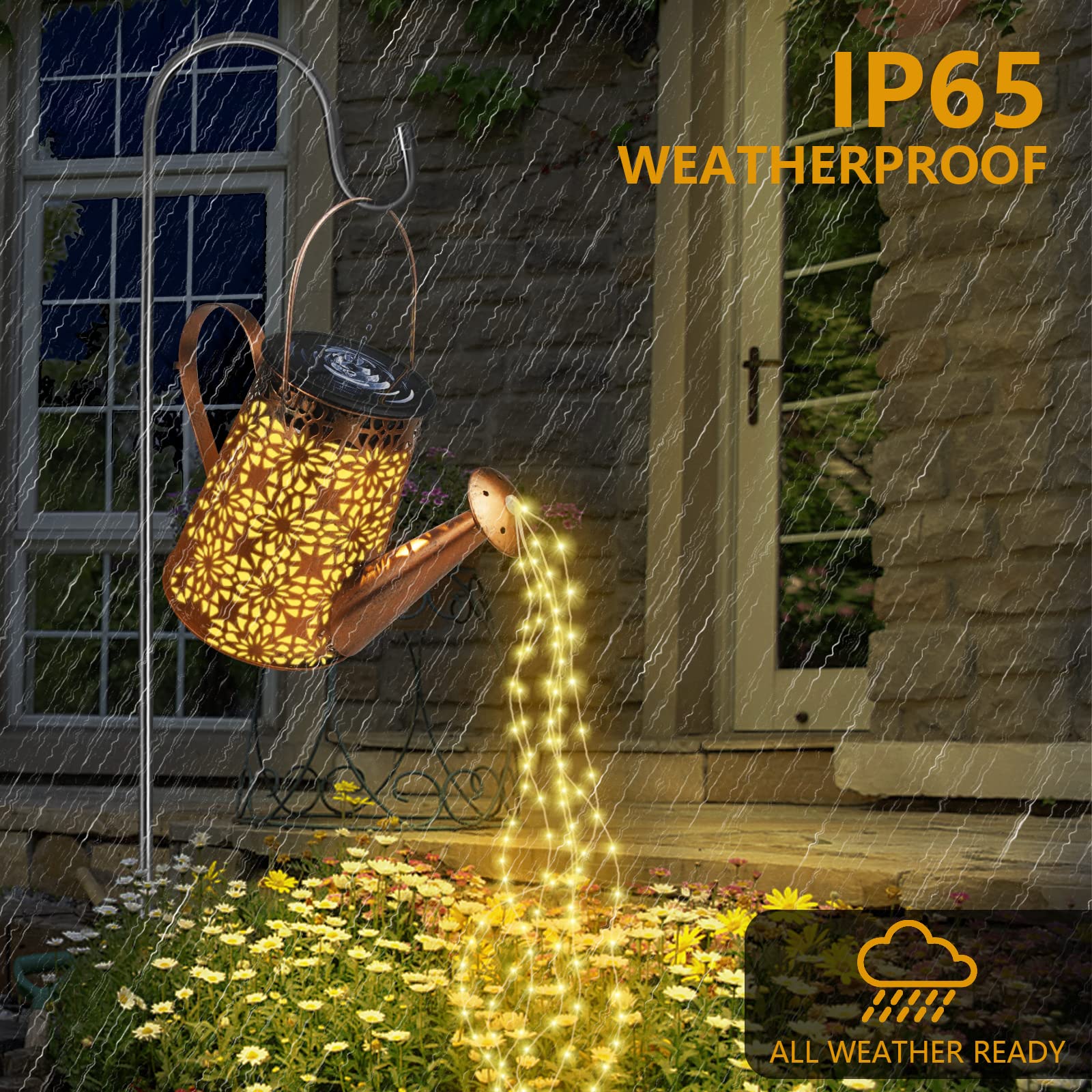 FLSEPAMB Watering Can Solar Lights Garden (2 Pack), IP65 Watering Can with Cascading Lights, Warm Watering Garden Light Decor with Bracket for Pathway, Yard, Patio, Backyard, Bronze, (HSD)