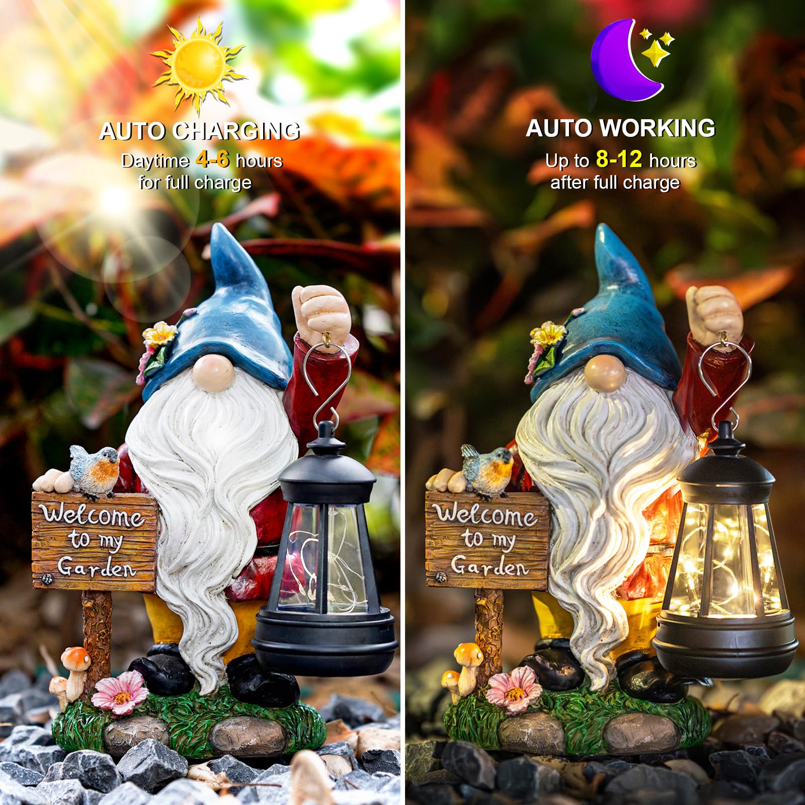 C&Y&G&X Garden Gnome Statue,Outdoor Gnome Decor Solar Lantern Lights and Welcome Sign,Yard Art Decorations, Ideal Housewarming Gift