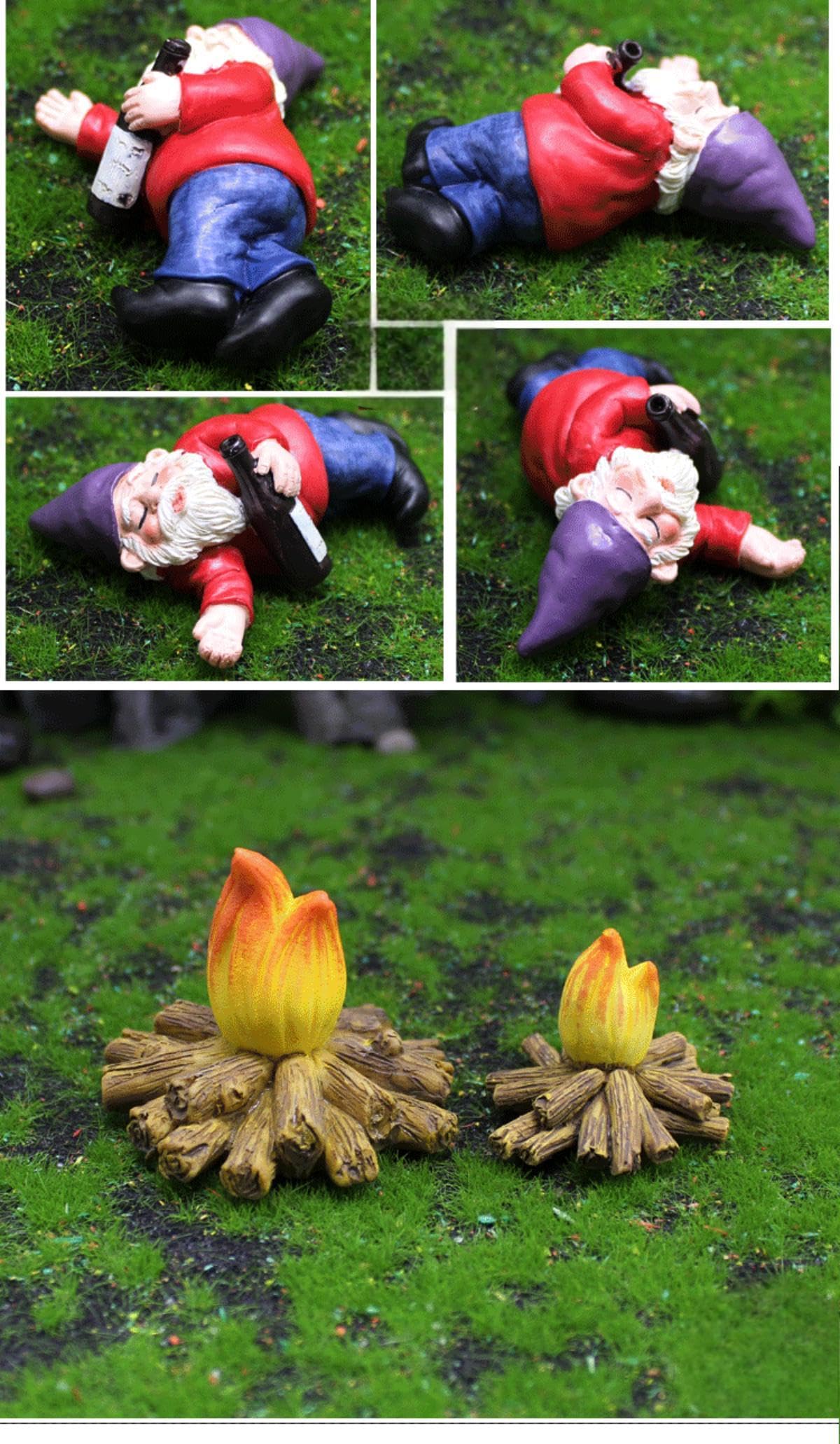 Set of 4 Mini Garden Gnomes with Campfire - 3 Drunk Gnome Figurines and 1 Campfire for Fairy Garden Decor, Plant Pot Decorations, Dashboard Ornaments, and Outdoor Spaces
