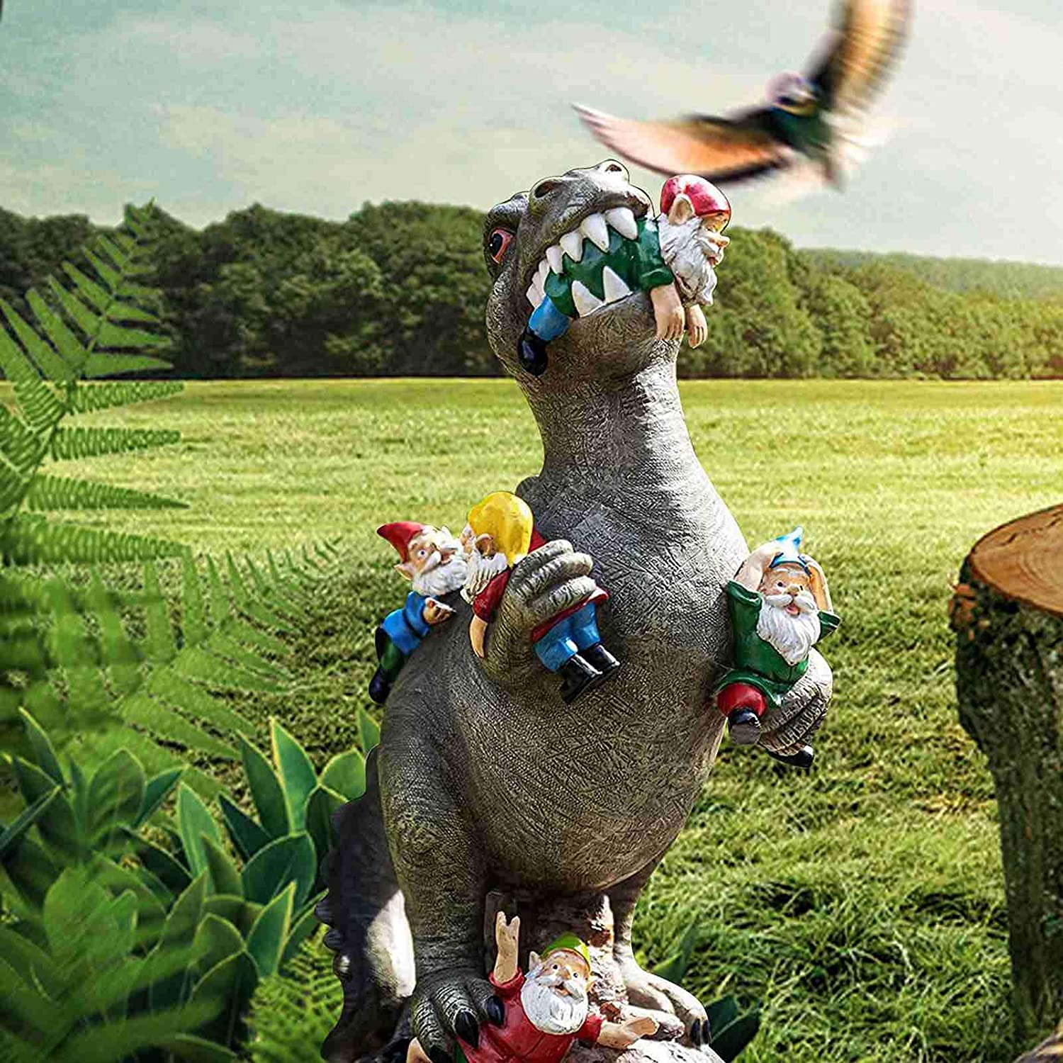 Dinosaur Eating Gnomes Garden Ornament, Funny Lifelike Animal Statue,Best Art Decor for Indoor Outdoor Home Office