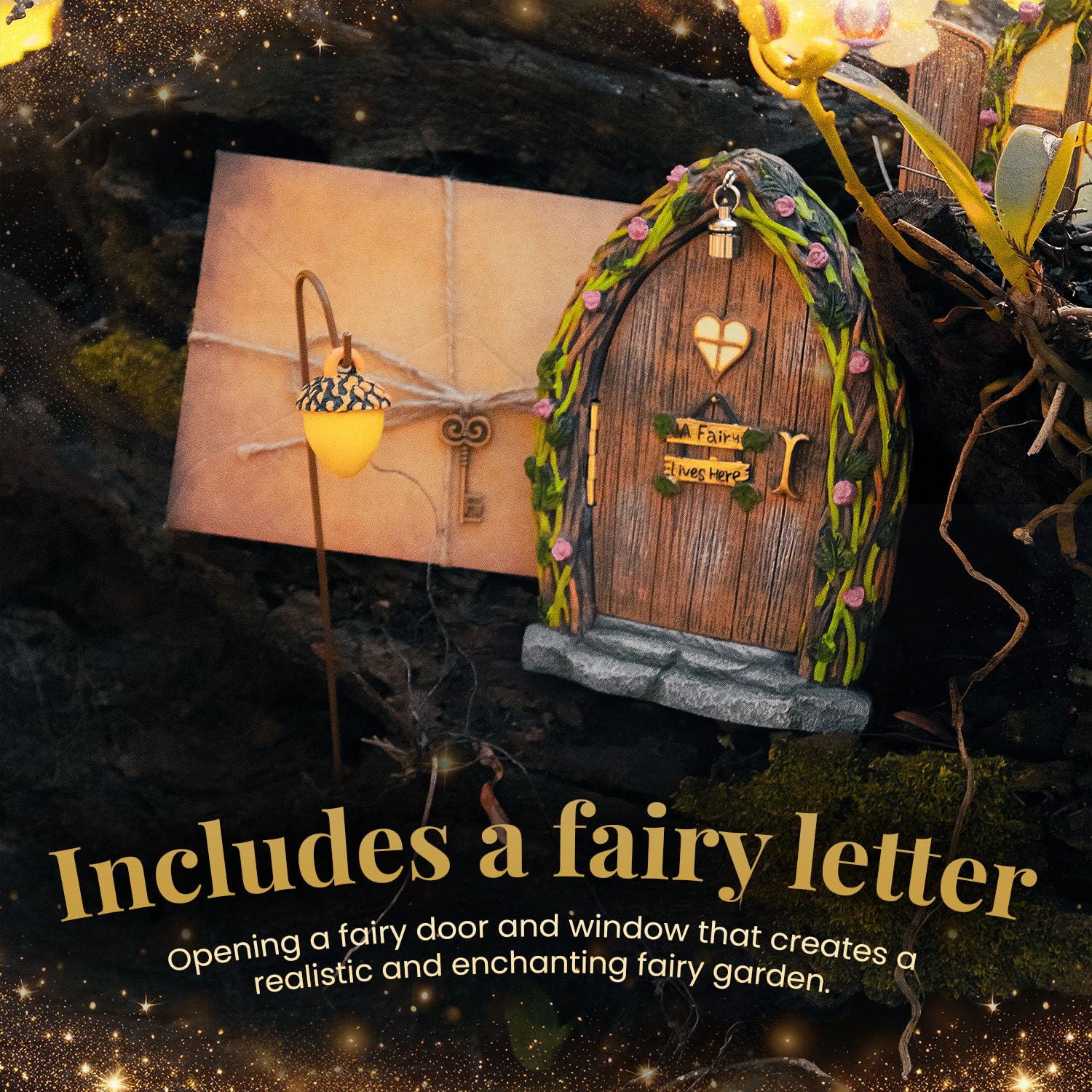 Opening Fairy Door & Window Set for Trees - Fairy Garden Kit with Light, Decor