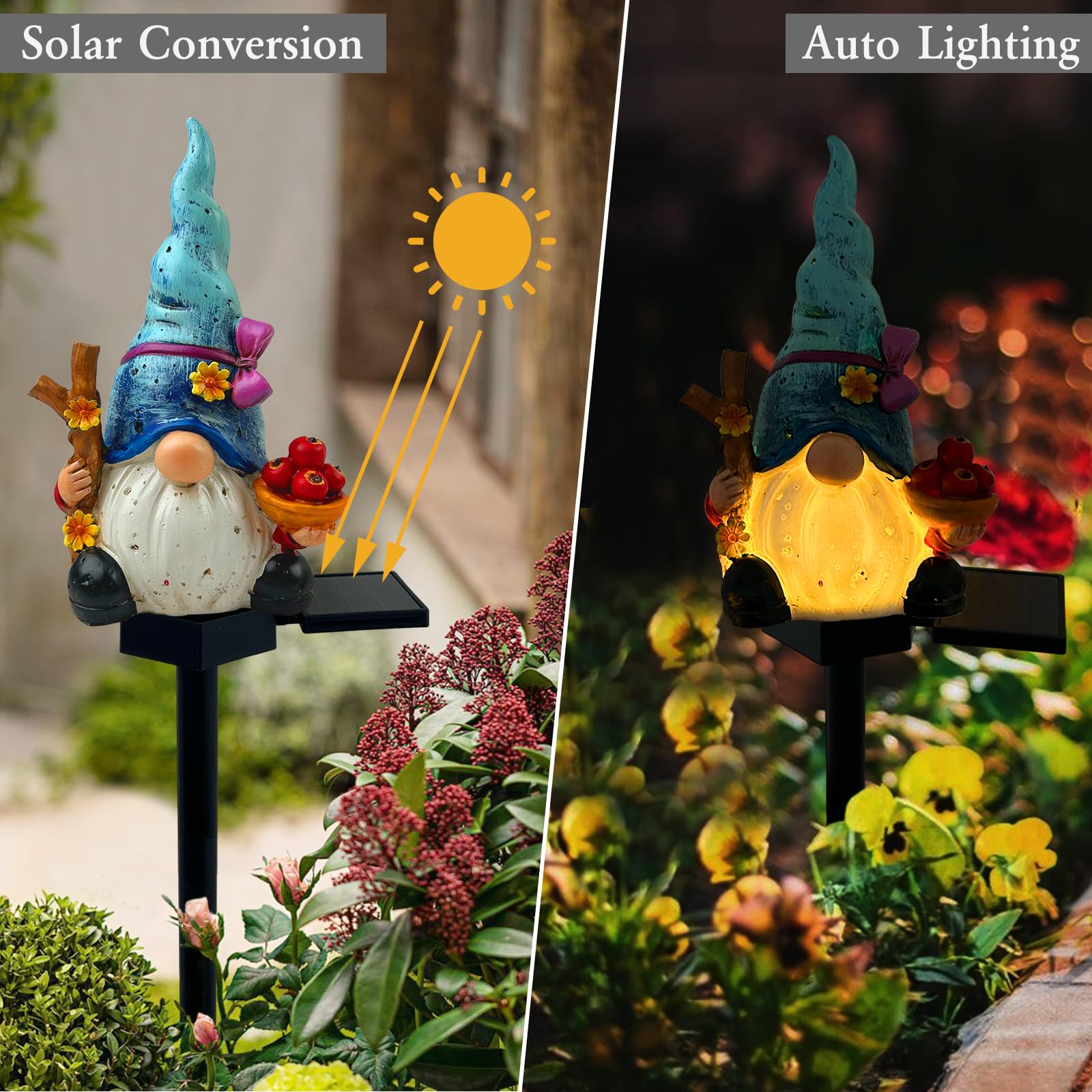 LAIAMER Solar Gnome Garden Lights, Outdoor Gnome Statue with Flowers & Apple, Solar Powered Fairy Garden Lights Gnome Decorations for Home Outside Yard Lawn Patio Gnomes Gifts (Blue)