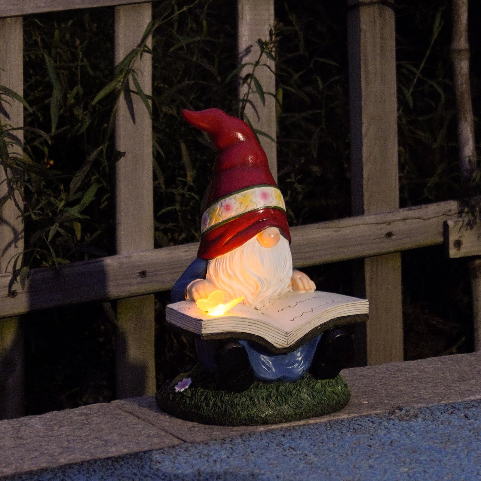 Solar Garden Gnomes Outdoor Statues - Gnome Figurine Reading Book with Butterfly LED Lights Funny Gnomes for Garden Decor Yard Patio Lawn Ornaments Gifts for Women