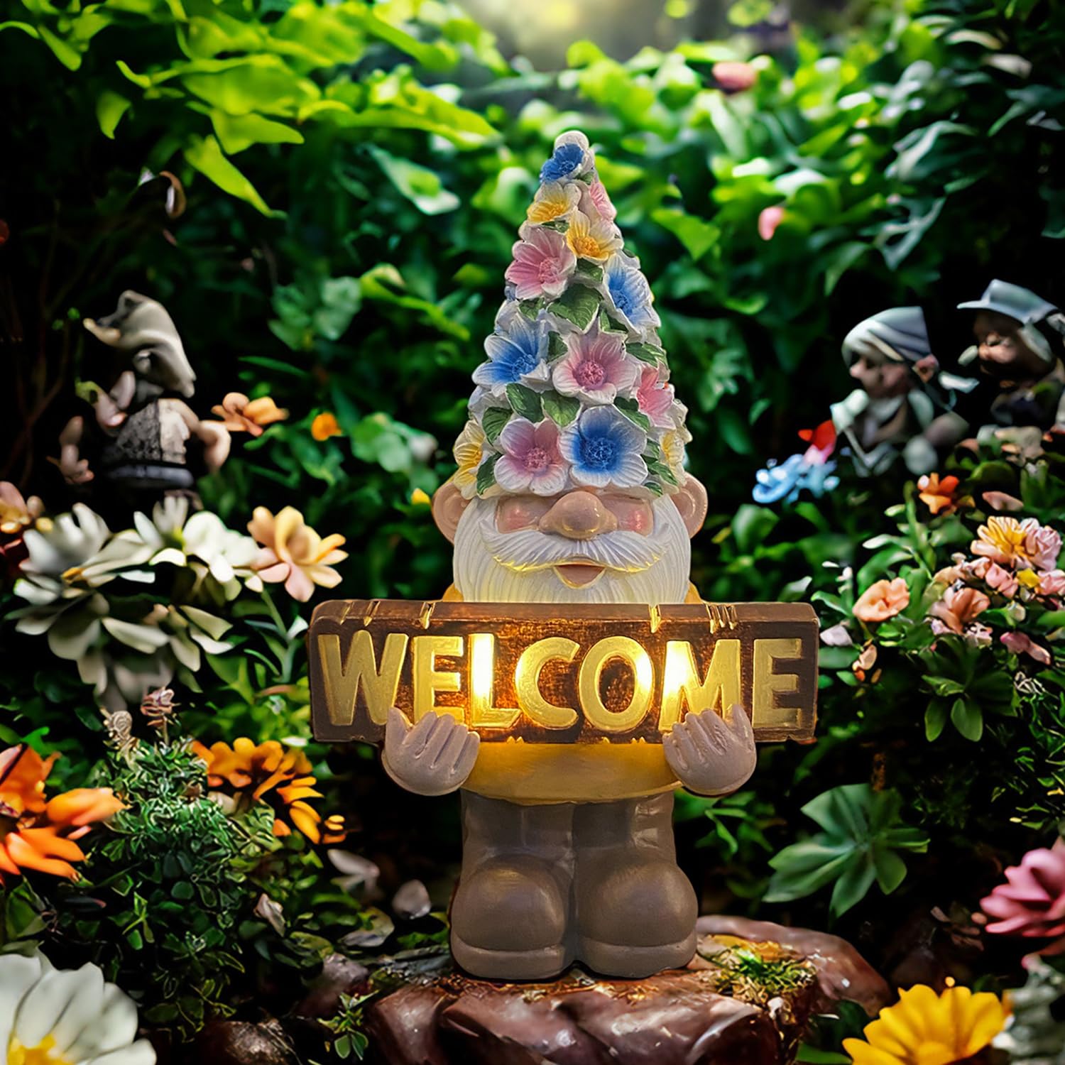 FESTGLOX Solar Garden Gnome Statue with Light, Solar Gnomes Decorations for Yard Outdoor Welcome Gnome Decor for Patio Gnome Mom Gift
