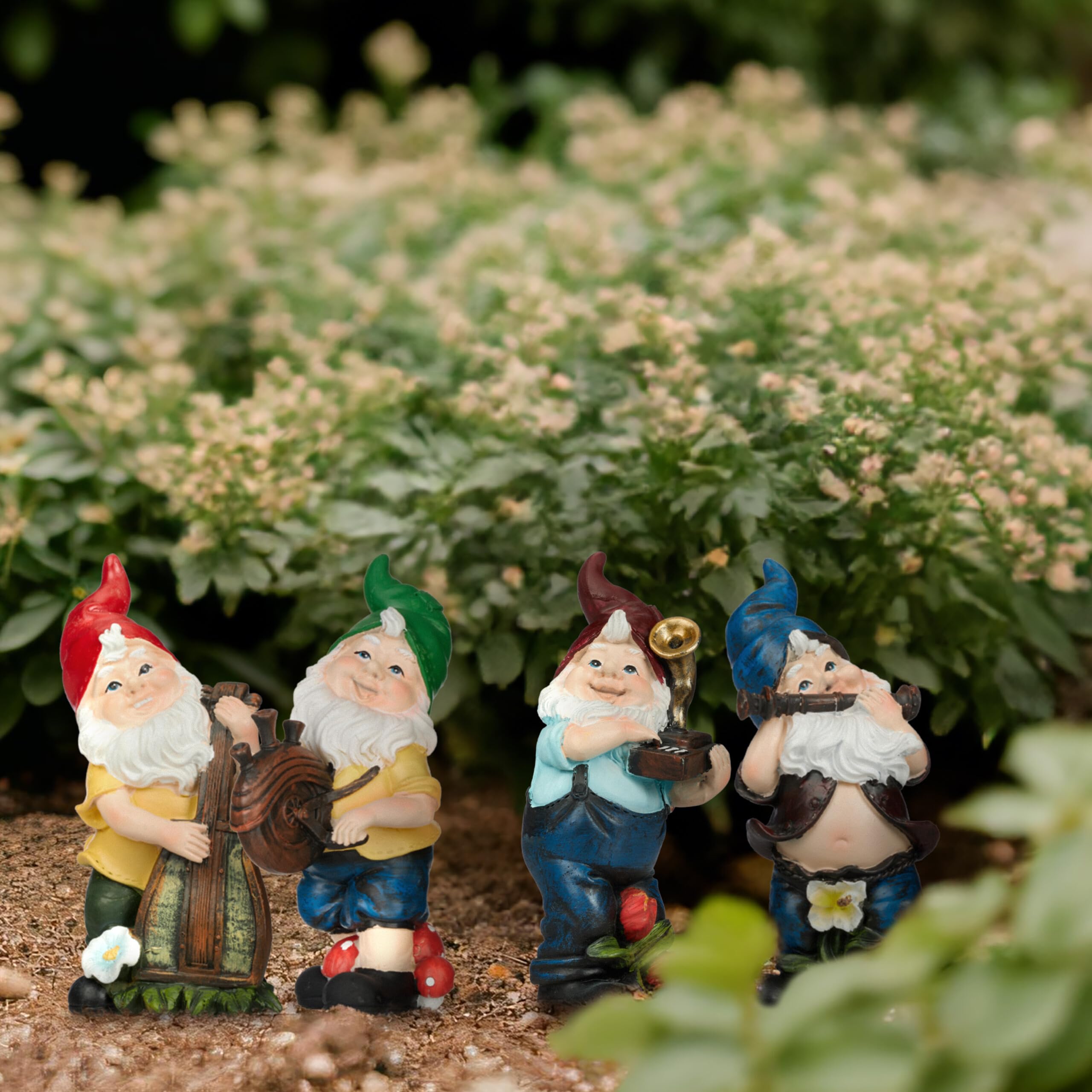 Relaxdays Set of 4 Garden Gnomes, Musicians with Instruments, Fost Resistant, Outdoor Figurine, Polyresin, Multicoloured, 15 cm