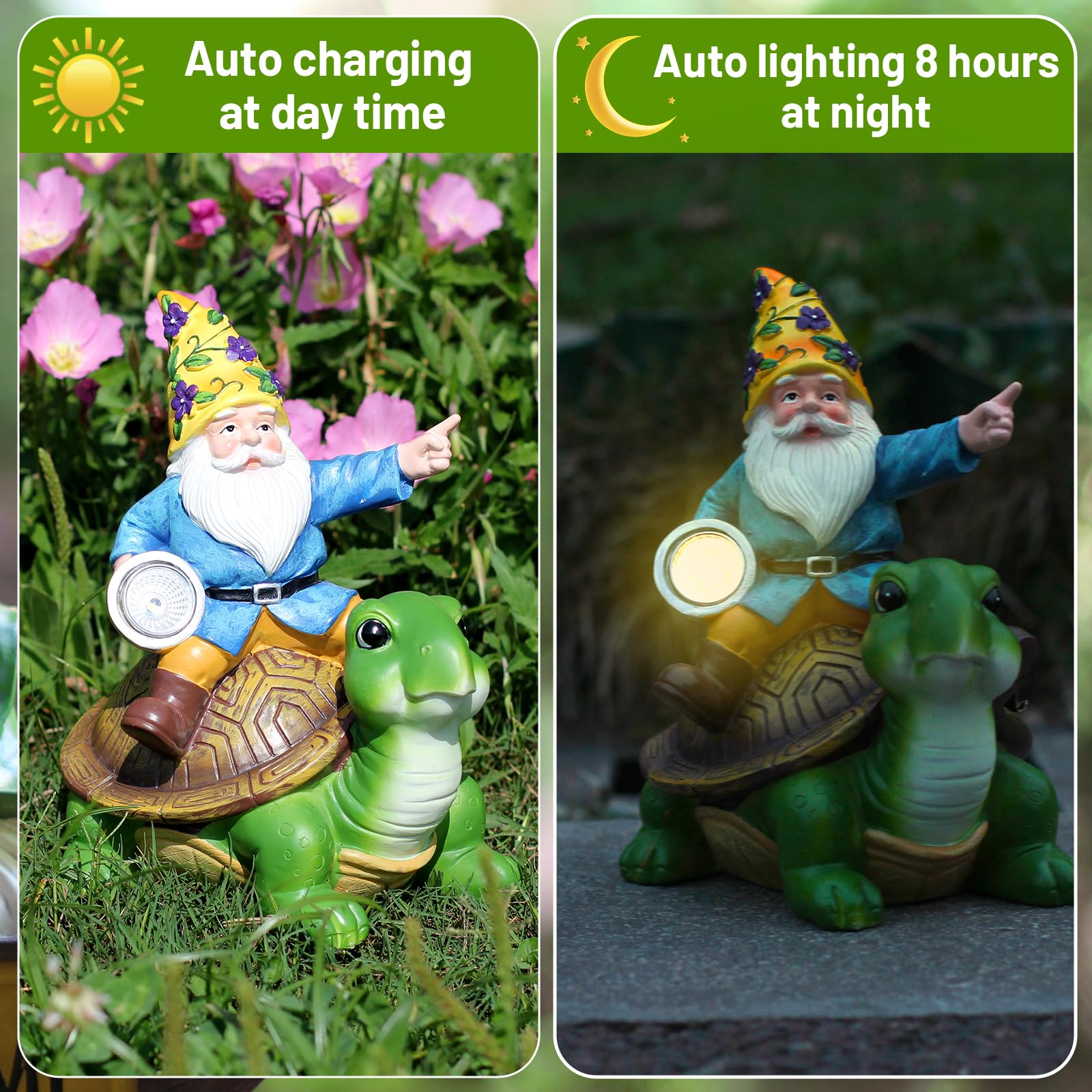NITOWOLF Garden Gnomes Outdoor with Solar LED Light, Outdoor Decor, Yard Art Decorations for Garden Patio Lawn, Gifts for Women, Gnome and Turtle