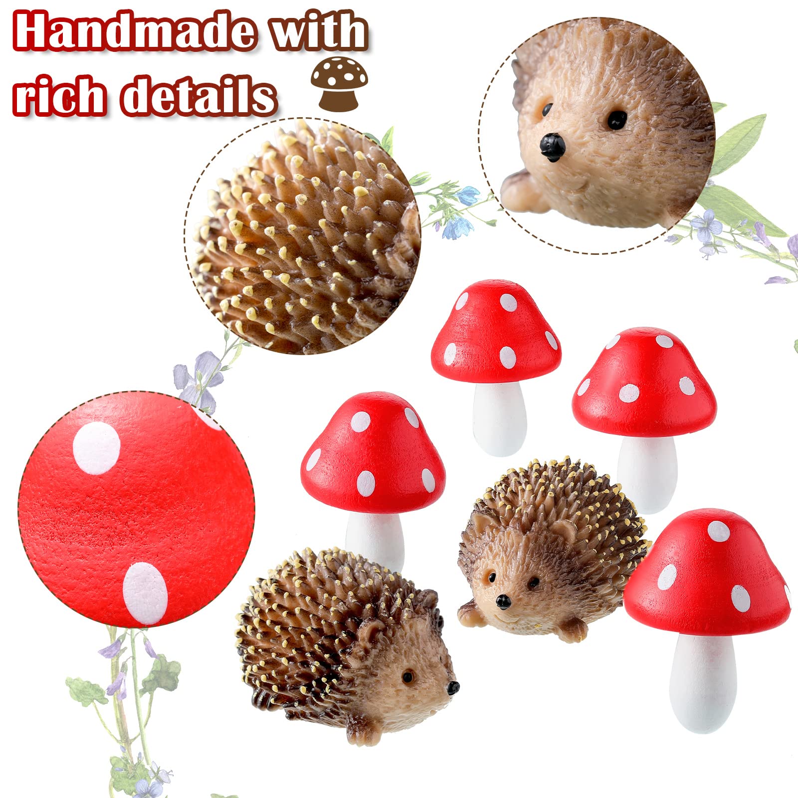 Queekay Fairy Outdoor Garden Animals Figurines Outdoor Fairy Wild Garden Accessories Resin Hedgehogs and Wood Mushroom Miniature Figurines for Plant Pots Bonsai Craft Decor Supplies