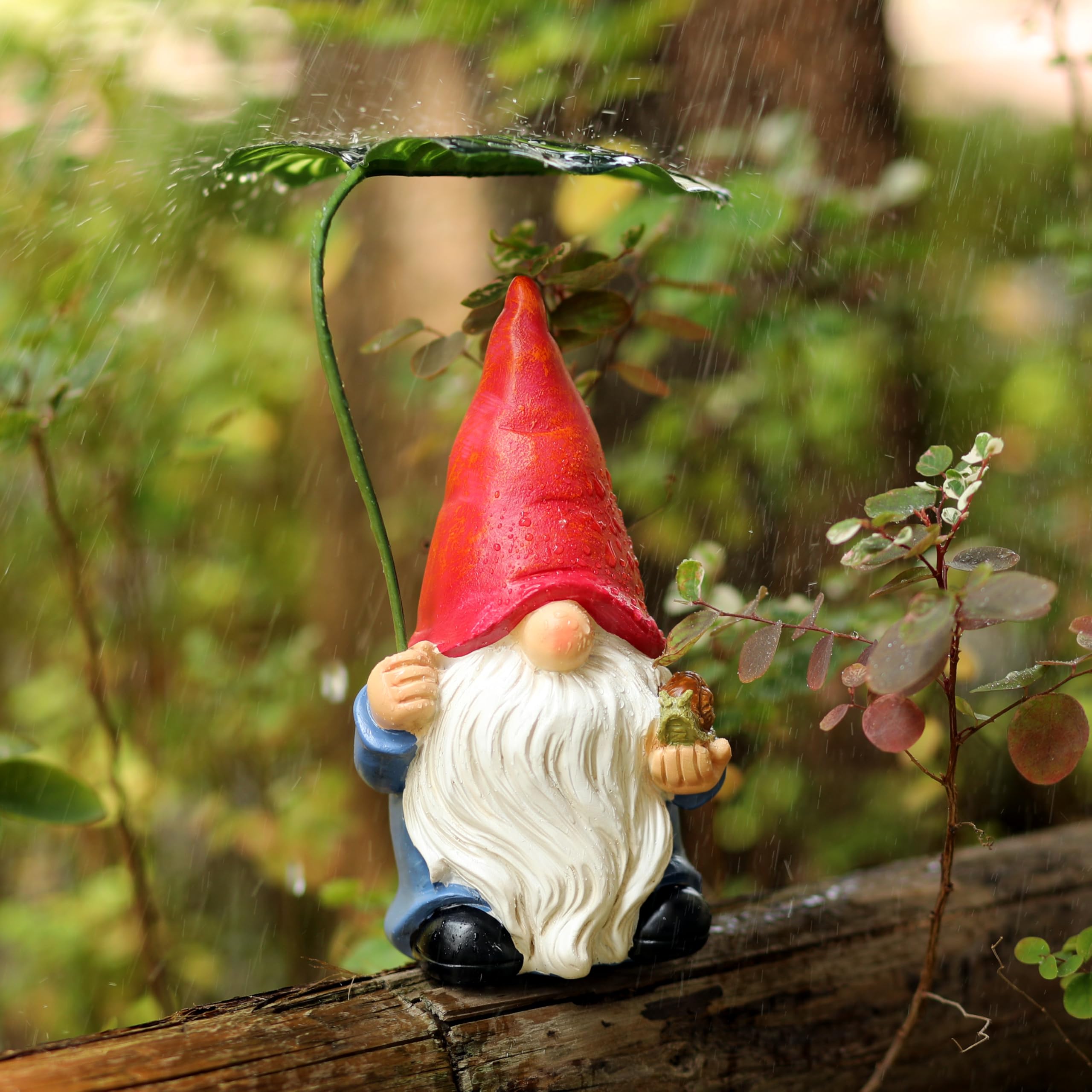 WSHMZYHOME Garden Gnome with Red Hat and Leaf Umbrella, Decorative Outdoor Statue, White Beard