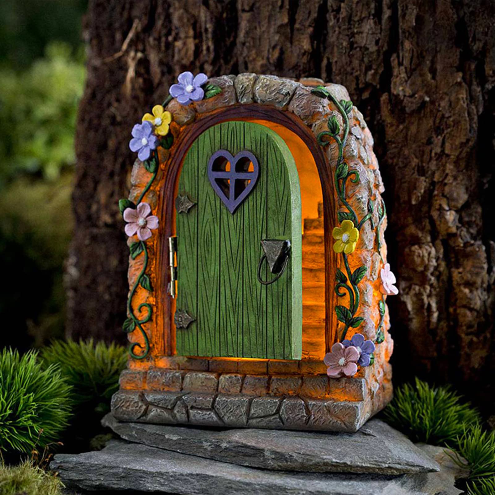 Jauhmui Fairy Garden Door - Glow in the Dark Miniature Tree Trunk, Retro & Mystical Elf Door, Solar Lights Statues, Garden Trees Decoration