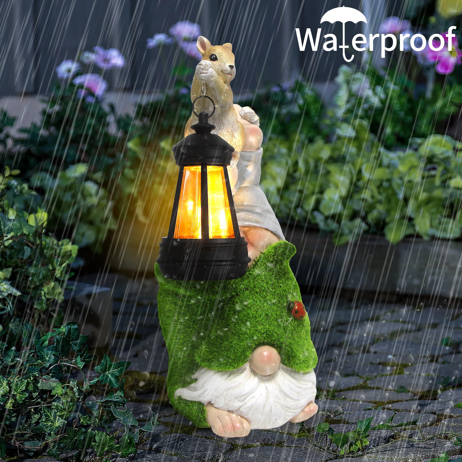 Garden Gnome with Squirrel Outdoor Statue,Flocked Gnome Statue Holding Lantern with Solar Lights,Outdoor Gnomes Decorations for Yard Patio Lawn Porch,Gifts for Mom