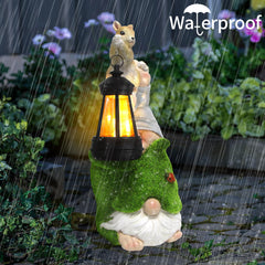 Garden Gnome with Squirrel Outdoor Statue,Flocked Gnome Statue Holding Lantern with Solar Lights,Outdoor Gnomes Decorations for Yard Patio Lawn Porch,Gifts for Mom