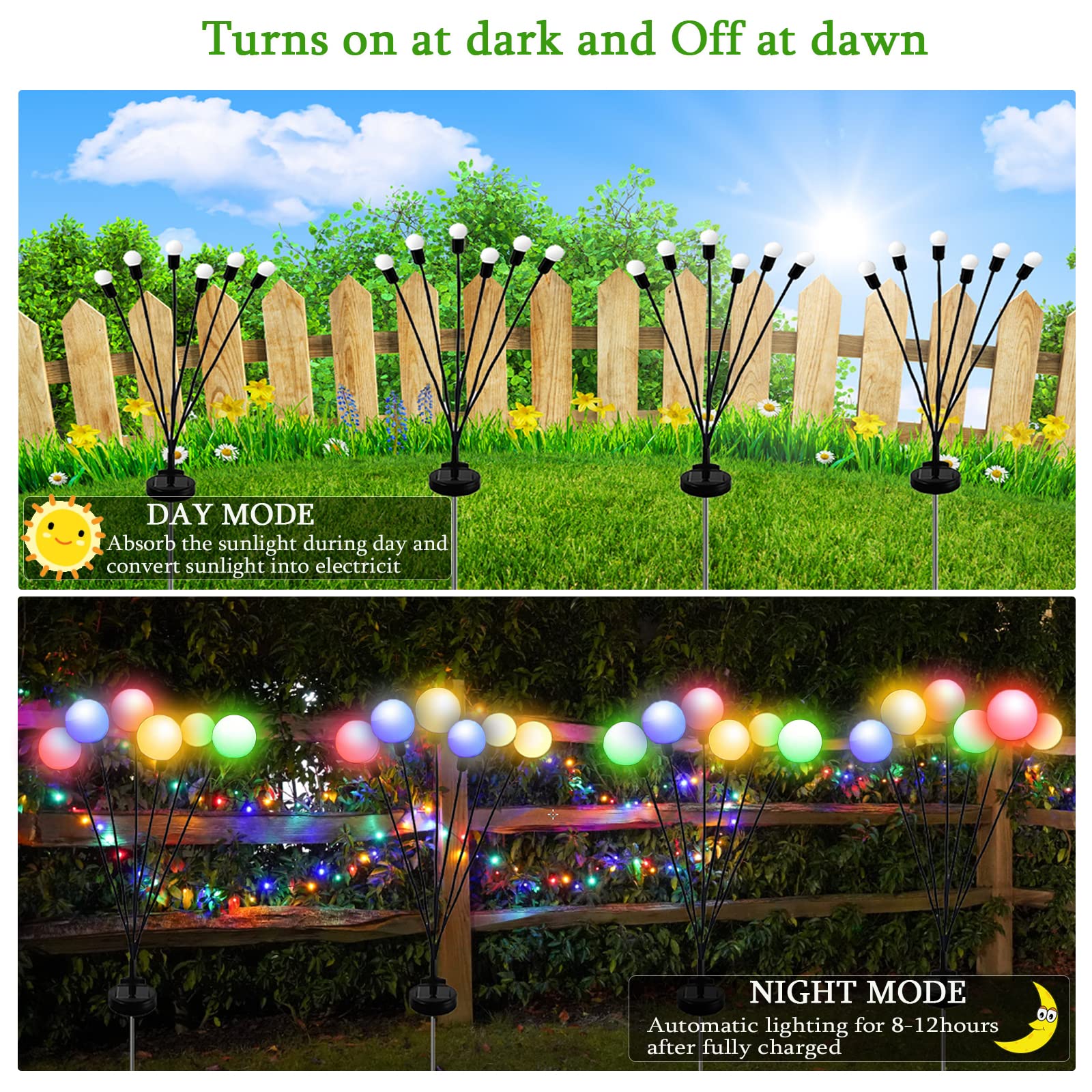 XRR Solar Garden Lights, 2Pack 6LED Solar Firefly Lights Vibrant Solar Powered Starburst Swaying Lights Outdoor, Waterproof Christmas Landscape Stake Lights for Yard Patio Pathway Lawn(Multi-Color)