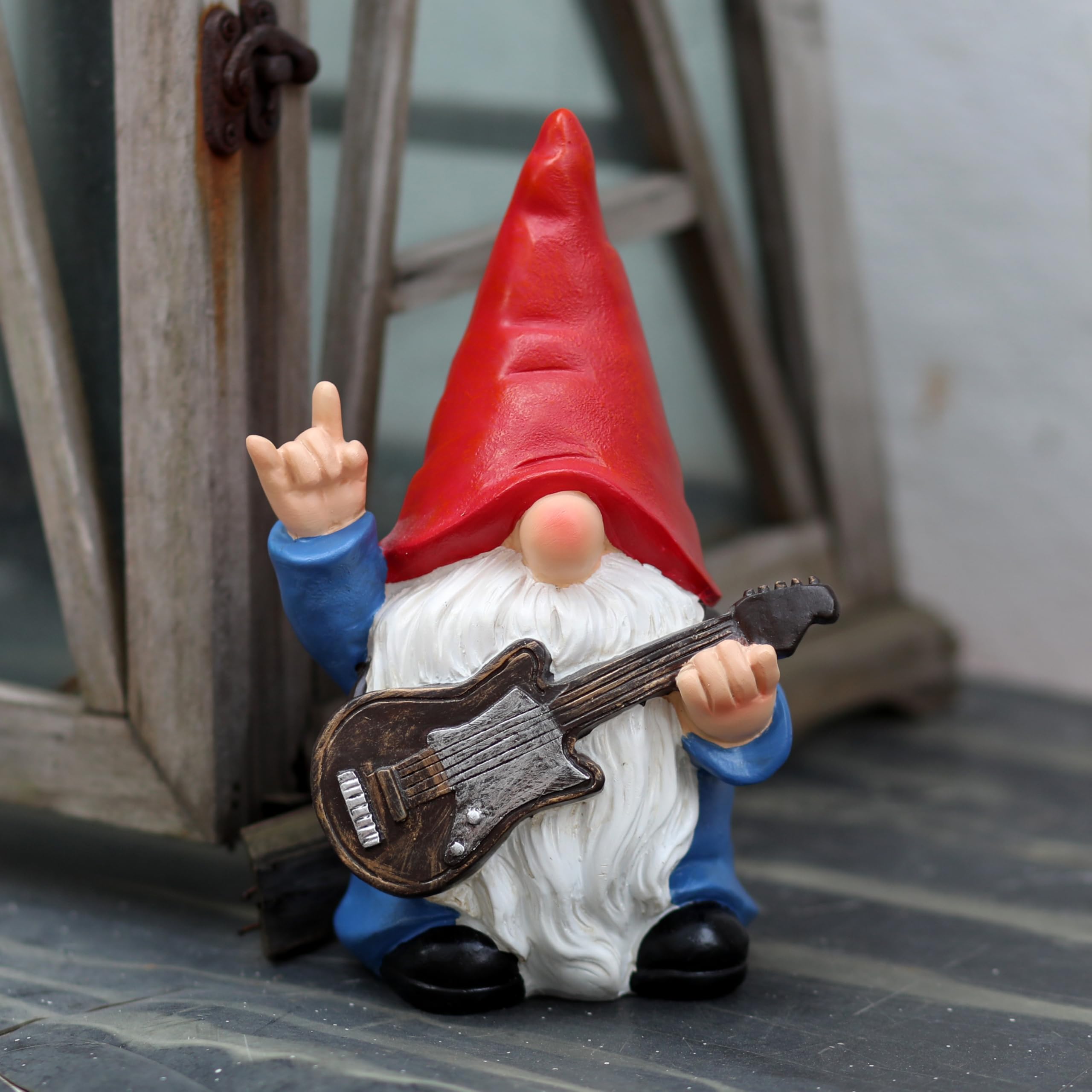 WSHMZYHOME Garden Gnome with Guitar Figurine, Red Hat, Blue Outfit, Indoor Outdoor Decorative Statue