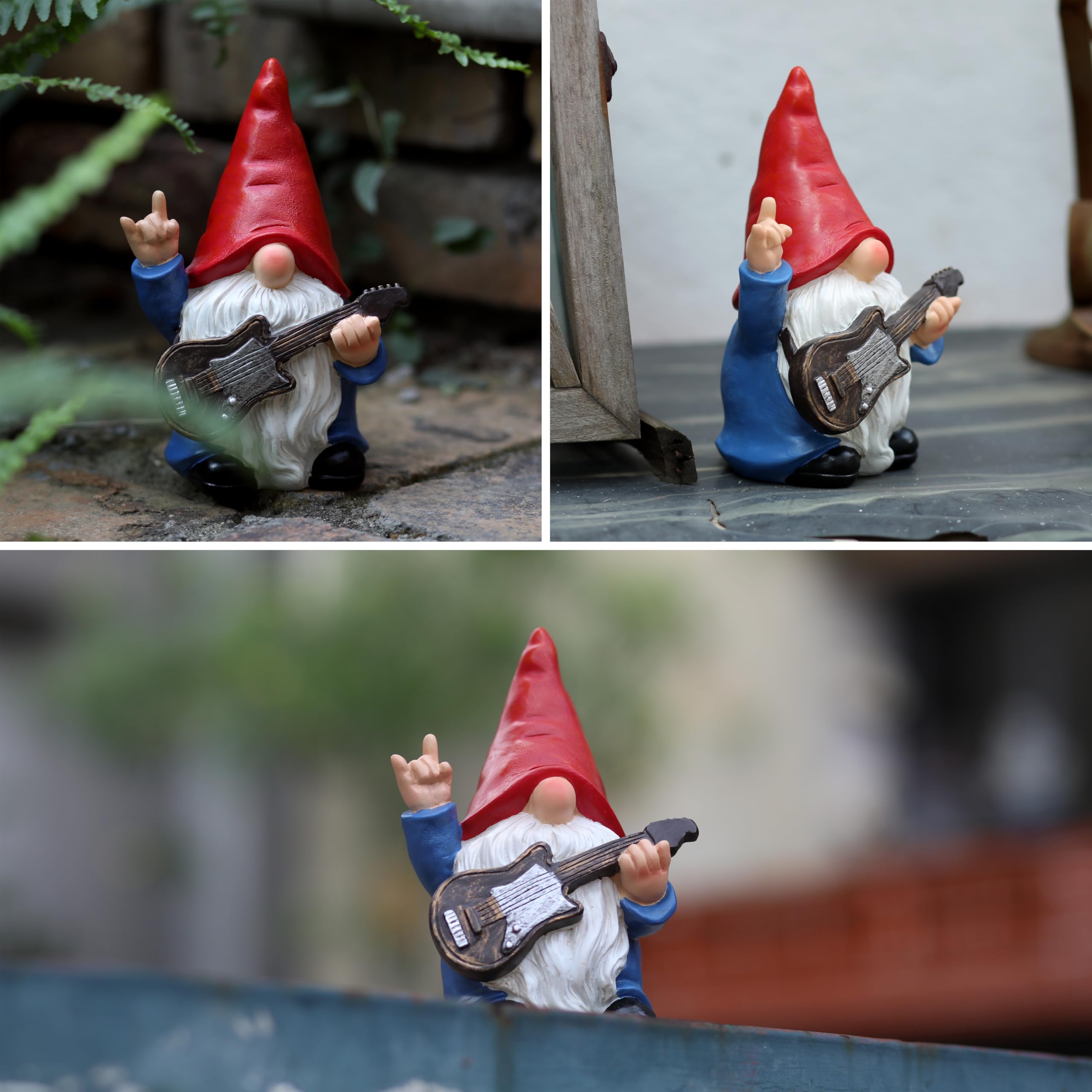 WSHMZYHOME Garden Gnome with Guitar Figurine, Red Hat, Blue Outfit, Indoor Outdoor Decorative Statue