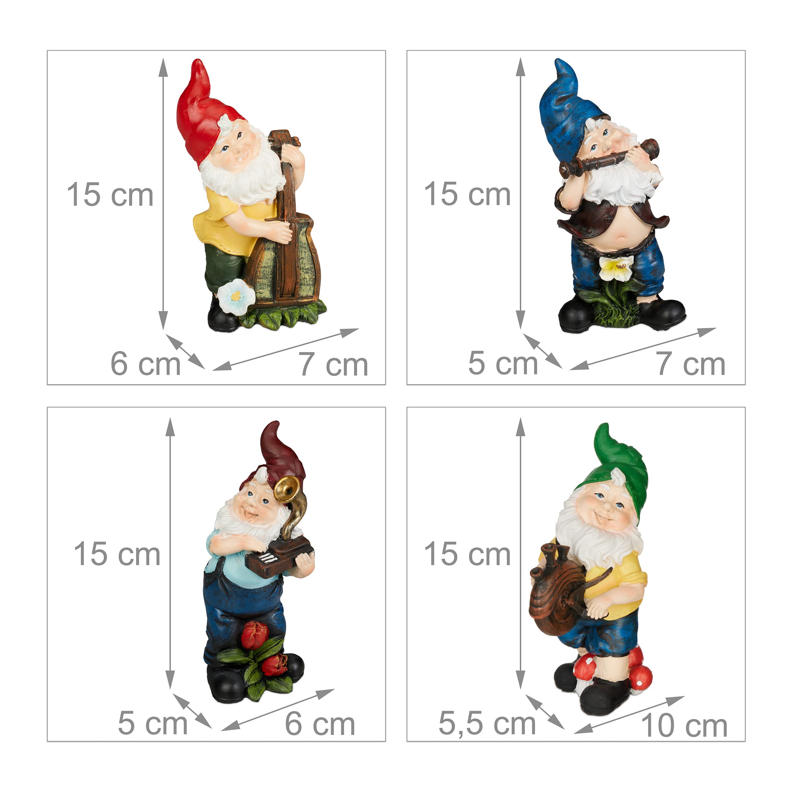 Relaxdays Set of 4 Garden Gnomes, Musicians with Instruments, Fost Resistant, Outdoor Figurine, Polyresin, Multicoloured, 15 cm