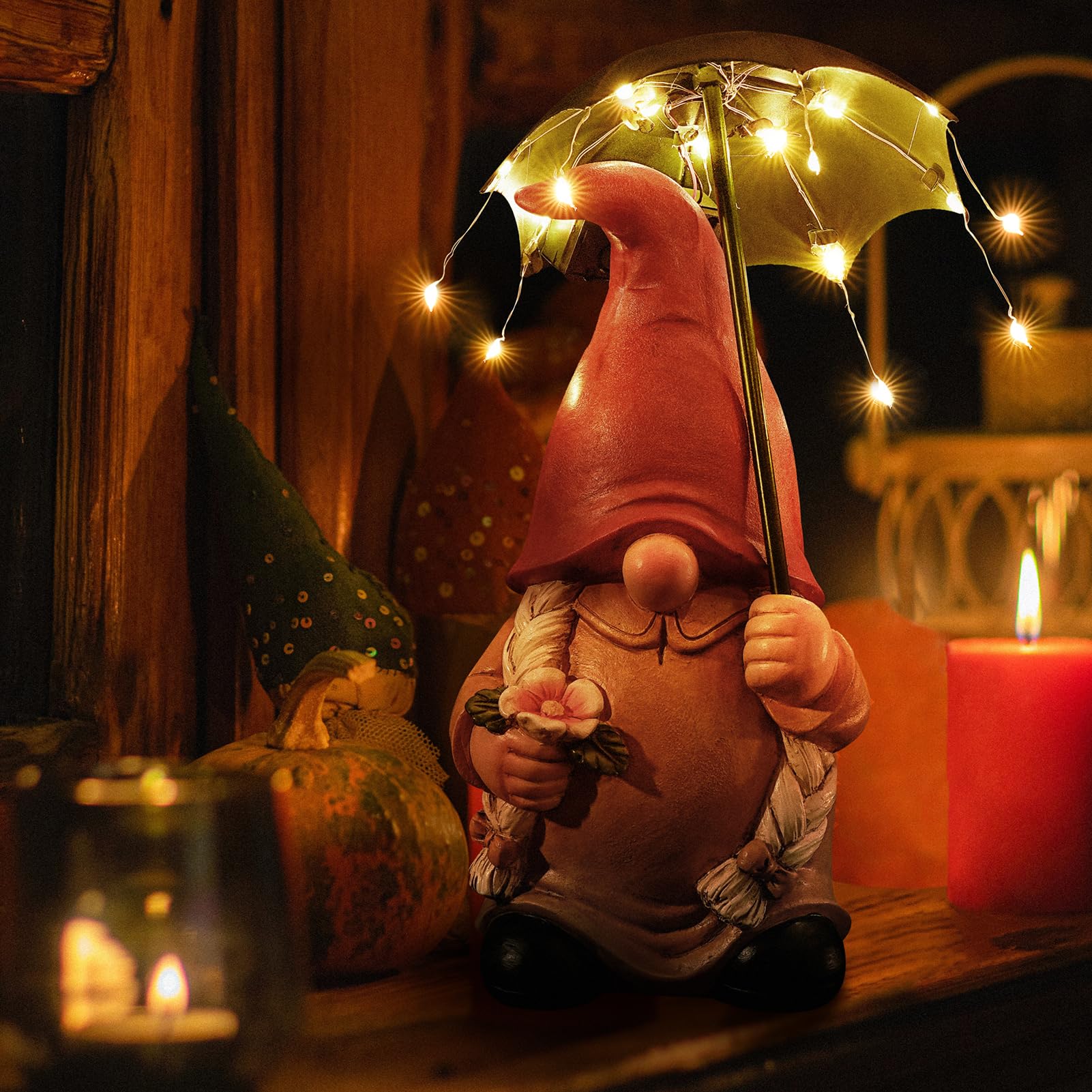 WONDHOME Garden Gnome Statues Outdoor Decoration Patio Yard Lawn Solar Gnomes Lady with Umbrella Lights Christmas Halloween Birthday Gift for Woman Mom,Umbrella Gnome