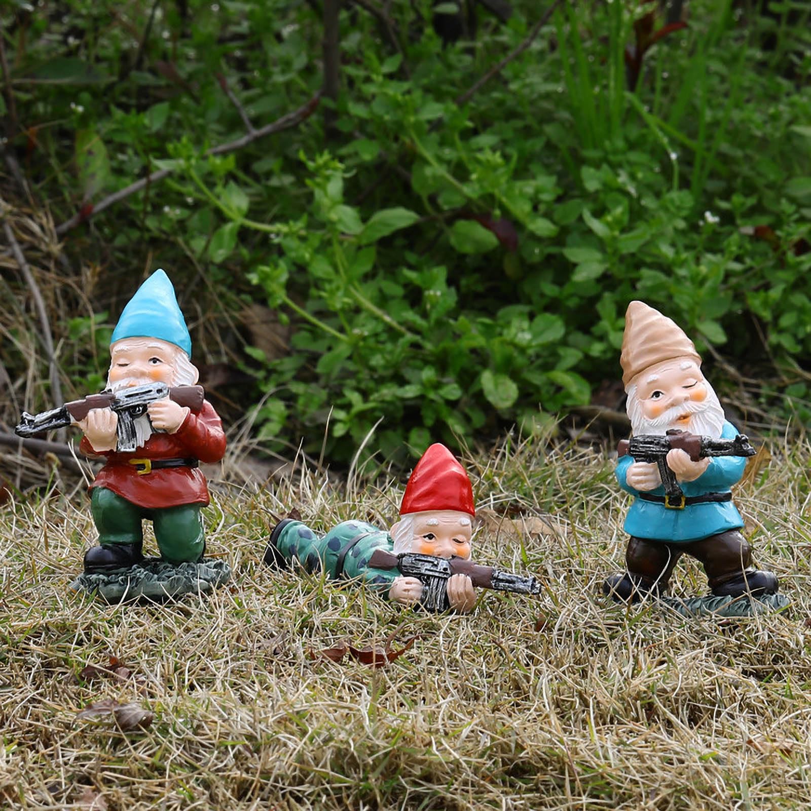 3PCS Garden Gnomes with Gun, Gnome Soldiers Military Army Garden Gnome, Tactical Statue for Indoor Outdoor, Patio, Yard, Lawn Ornaments, Home Décor