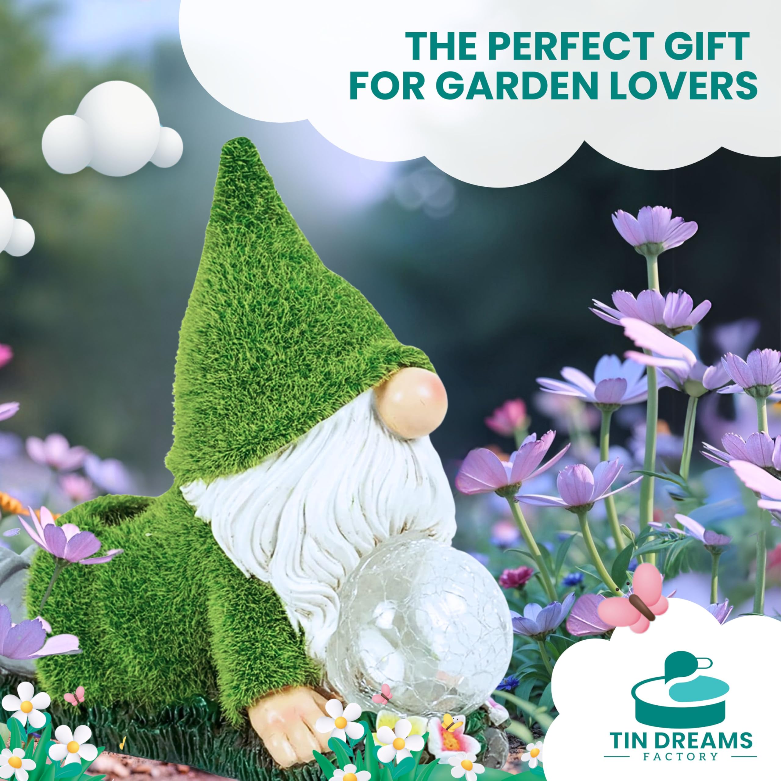 TIN DREAMS FACTORY | Yoga Gnome with Solar Light – Resin Garden Decorative Figure – Outdoor Little Gnome with LED Glowing Bubble – Relaxing Ornament for Garden, Patio and Terrace