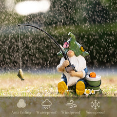 TERESA'S COLLECTIONS Garden Ornaments Outdoor, Lovely Fishing Gnomes with Flowers and Solar Lights, Family Gnomes Series, Waterproof Resin Ornaments, Garden Decorations Gifts Indoor Outdoor 23CM