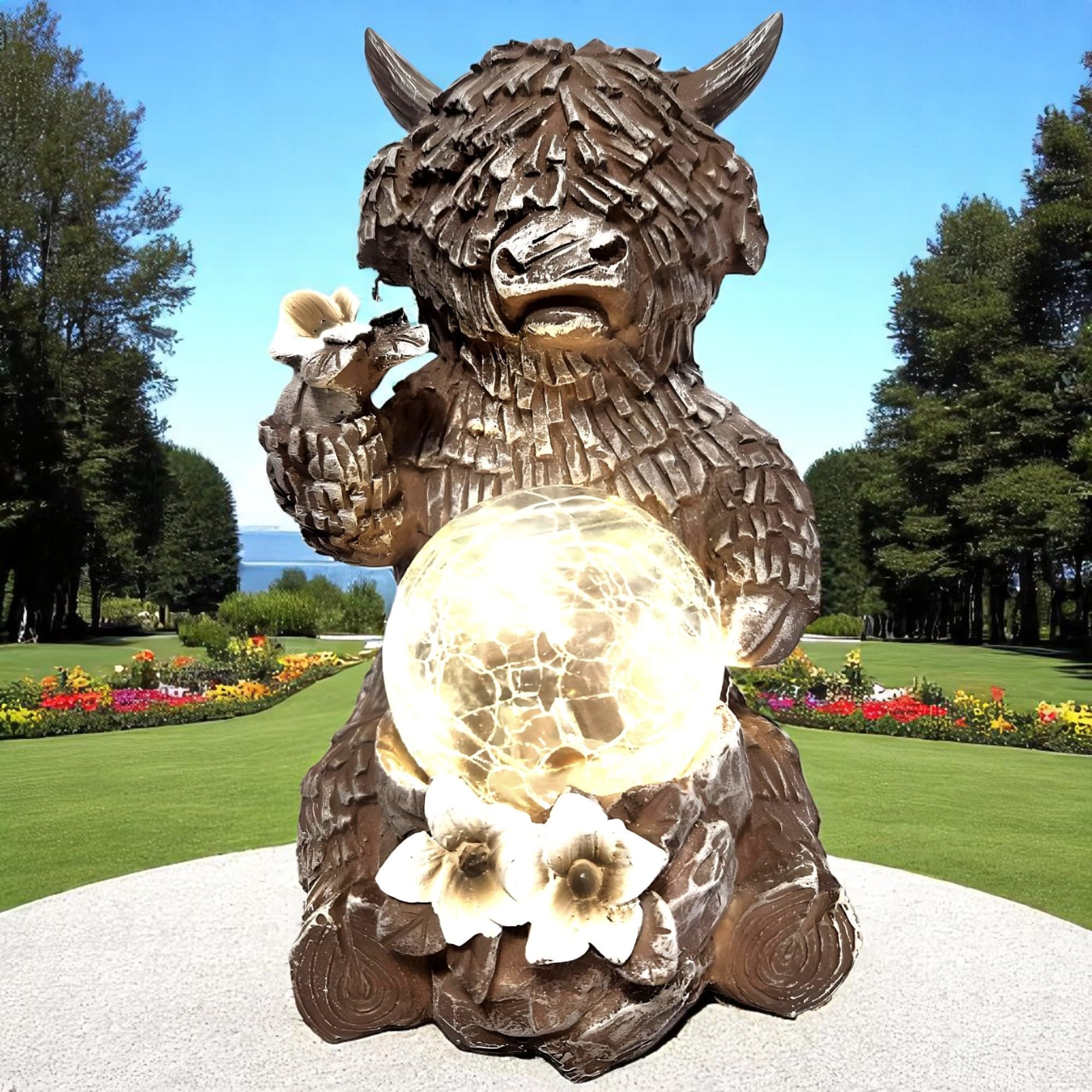 Divas World Highland Cow Solar Garden Light – LED Crackle Glass Ball Solar Ornament, 16cm Rustic Farmhouse Decor, Outdoor Country Garden Decorations, Waterproof Animal Figure for Yard, Patio, Home