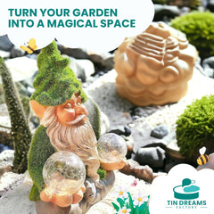 TIN DREAMS FACTORY | Zen Gnome with Solar Light – Decorative Garden Figure in Resin – Gnome with Luminous LED Ball – Original Ornament for Garden, Terrace, and Patio