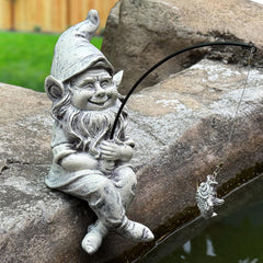 GARDEN WHISPER Gnome Statue Outdoor Garden Pond Koi Decoration, Fishing Gnome Sculpture Garden Koi Pond or Waterfall Decor, 9.7" Dwarf Fishing Poolside Statue, Great Gifts for Mom (Cartoon Style)