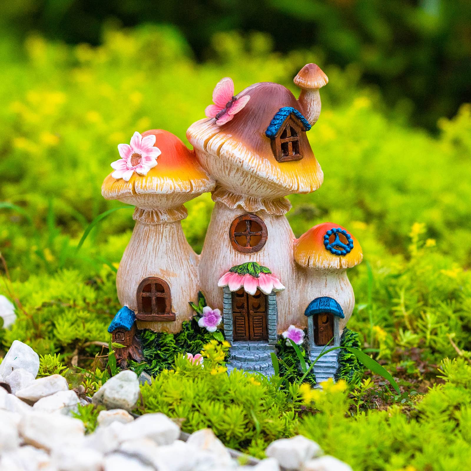 Candieslife Solar Garden Statue Lights Mushroom Fairy House Figurine, Outdoor Memorial Garden Ornaments Gift Waterproof Decoration for Outside Patio Yard Lawn Decor