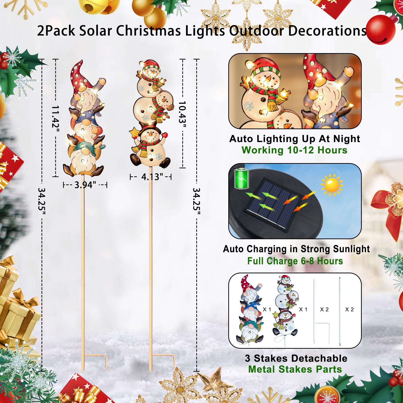 Homeimpro Christmas Solar Outside Decorations Holiday Lights Yard Garden Gnomes Snowman Pathway Stake Lights with 18 LED Waterproof Lawn Outdoor Xmas Gifts for Mom Women (2Pack)