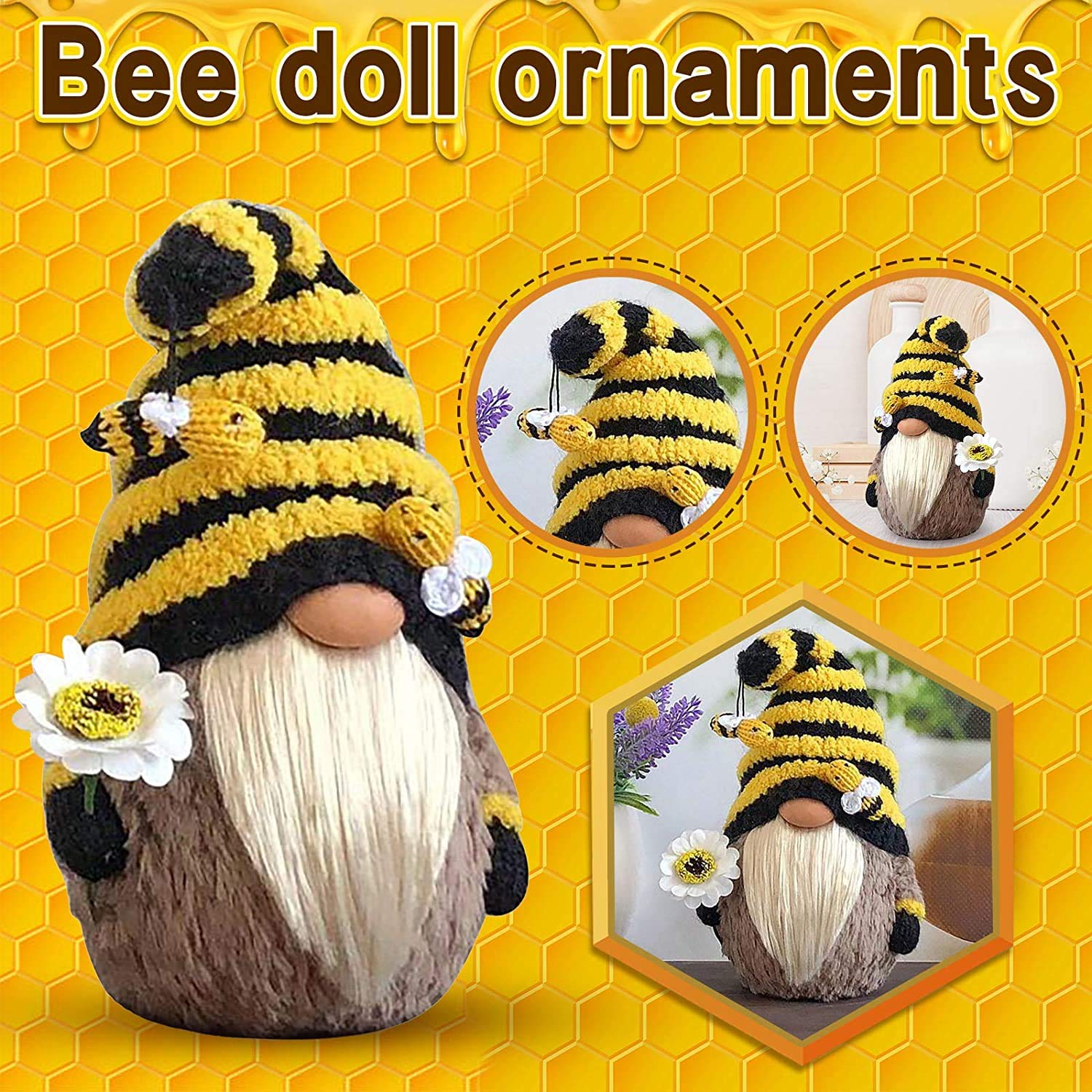 Garden Gnome Statue，Bee Gnome Spring Sunflower Doll Decor, Handmade Bumble Plush Faceless Doll Ornaments, Bedroom Desktop Gnomes Ornaments, Indoor Spring Decor for Home