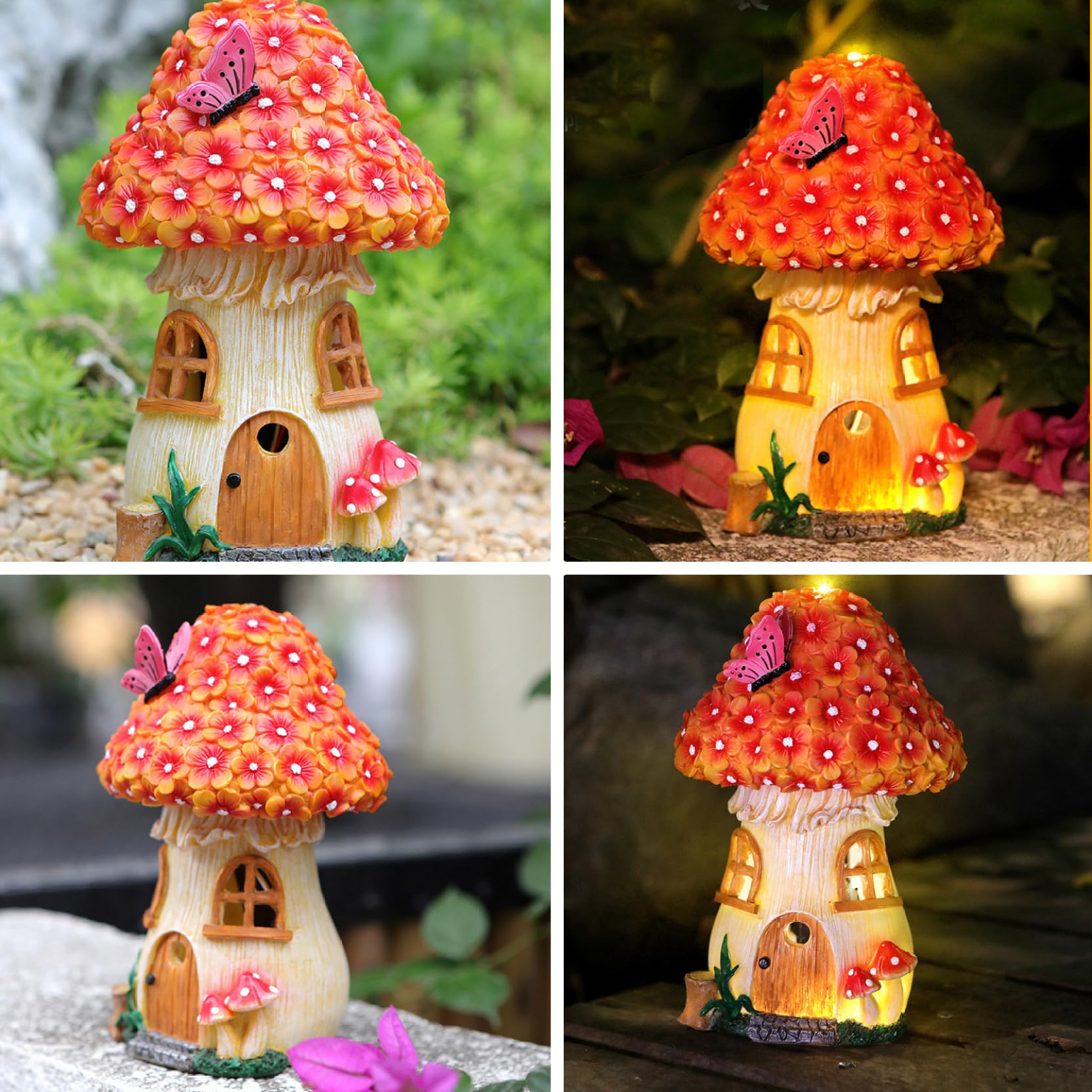 Porgeel Fairy House Solar Lights Waterrproof Resin Solar Fairy House Decorative Shaped Solar Garden Lights for Outside Patio Yard Decor Garden Ornaments