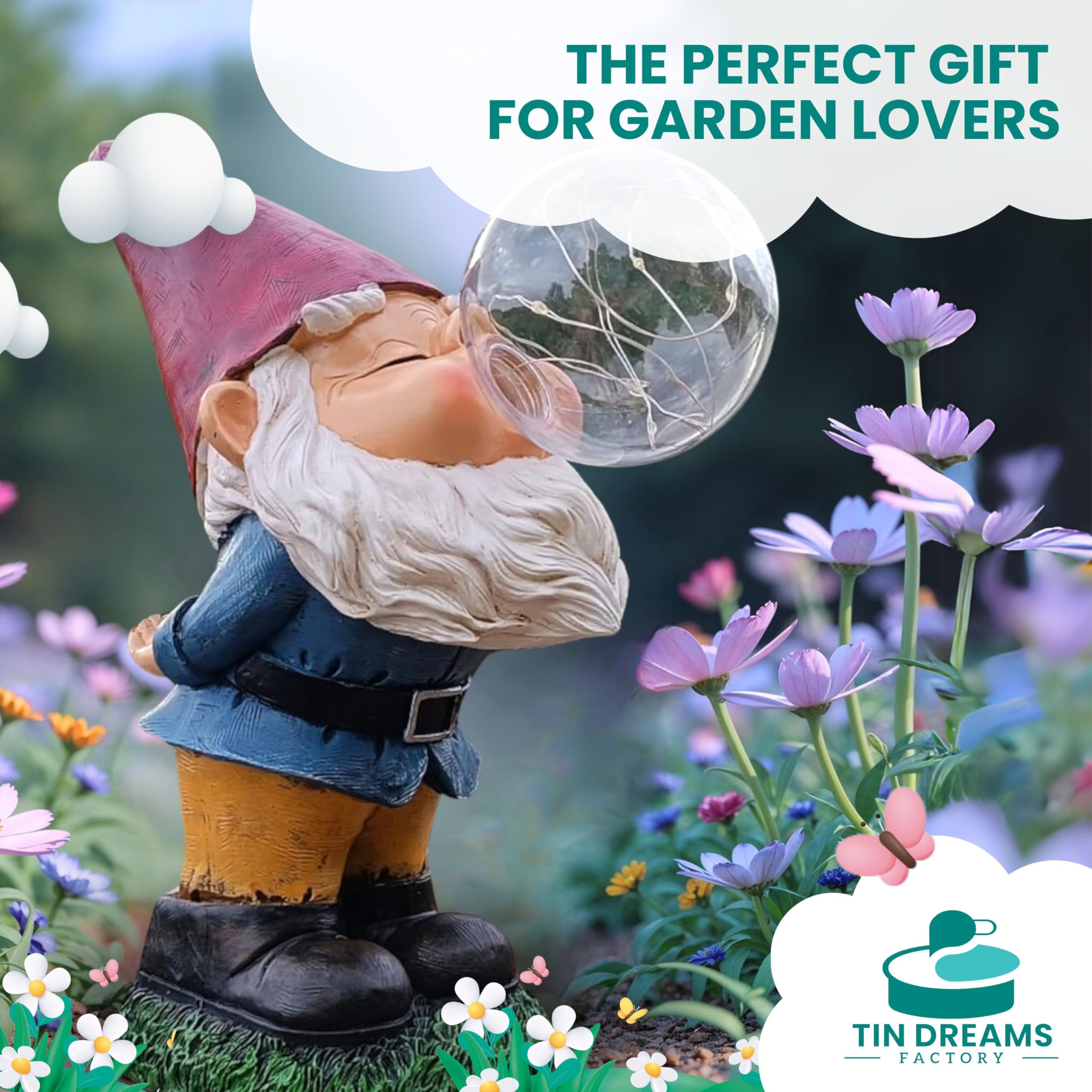 TIN DREAMS FACTORY | Tattletale Gnome with Solar Light – Decorative Garden Resin Figure – Outdoor Gnome with Glowing LED Bubble – Fun Ornament for Garden, Patio & Terrace