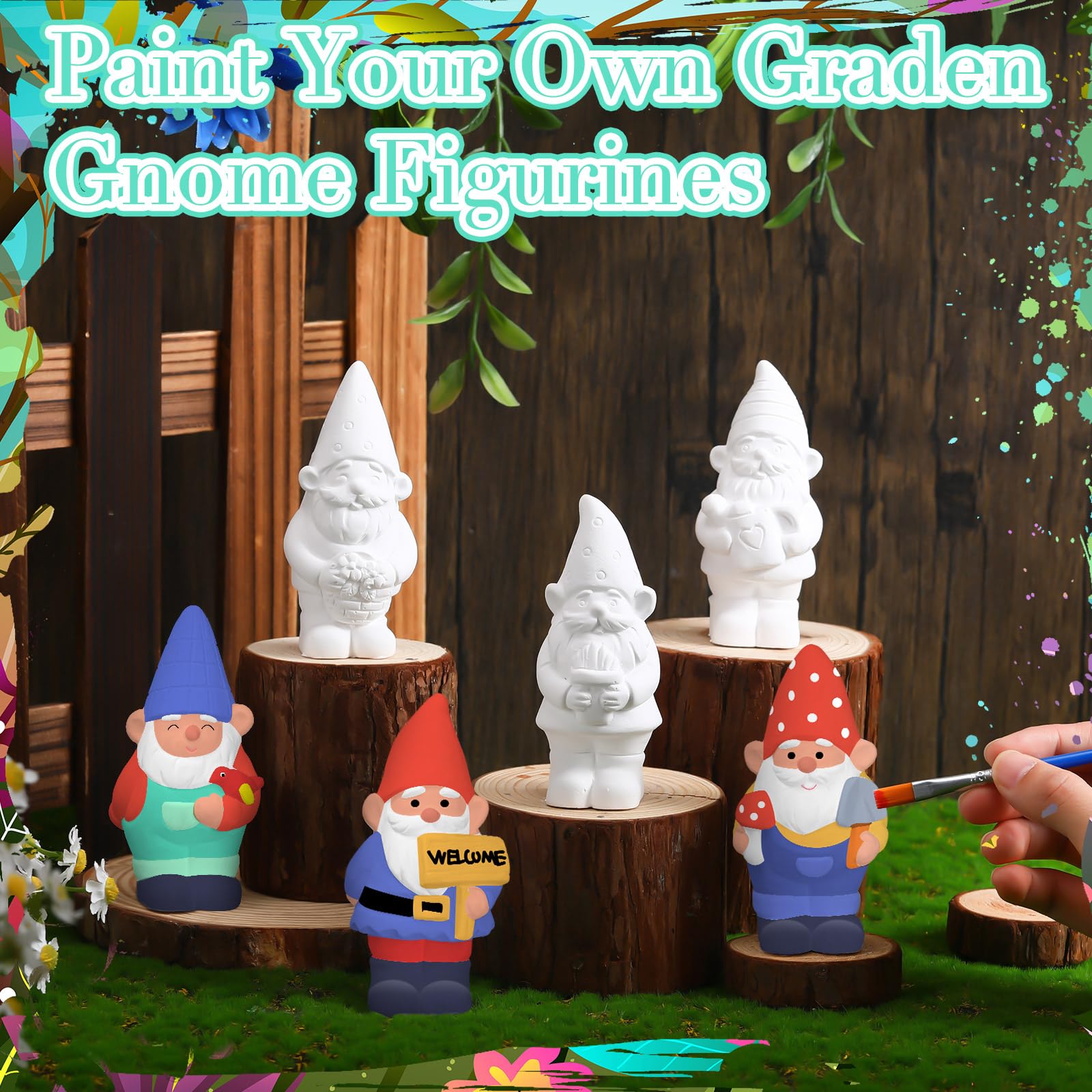 Simgoing 6 Sets Ready to Paint Your Own Garden Gnomes Statues Summer DIY Unfinished Ceramic Gnomes for Painting Figures Plaster Arts and Crafts with Brush Palette for Adults