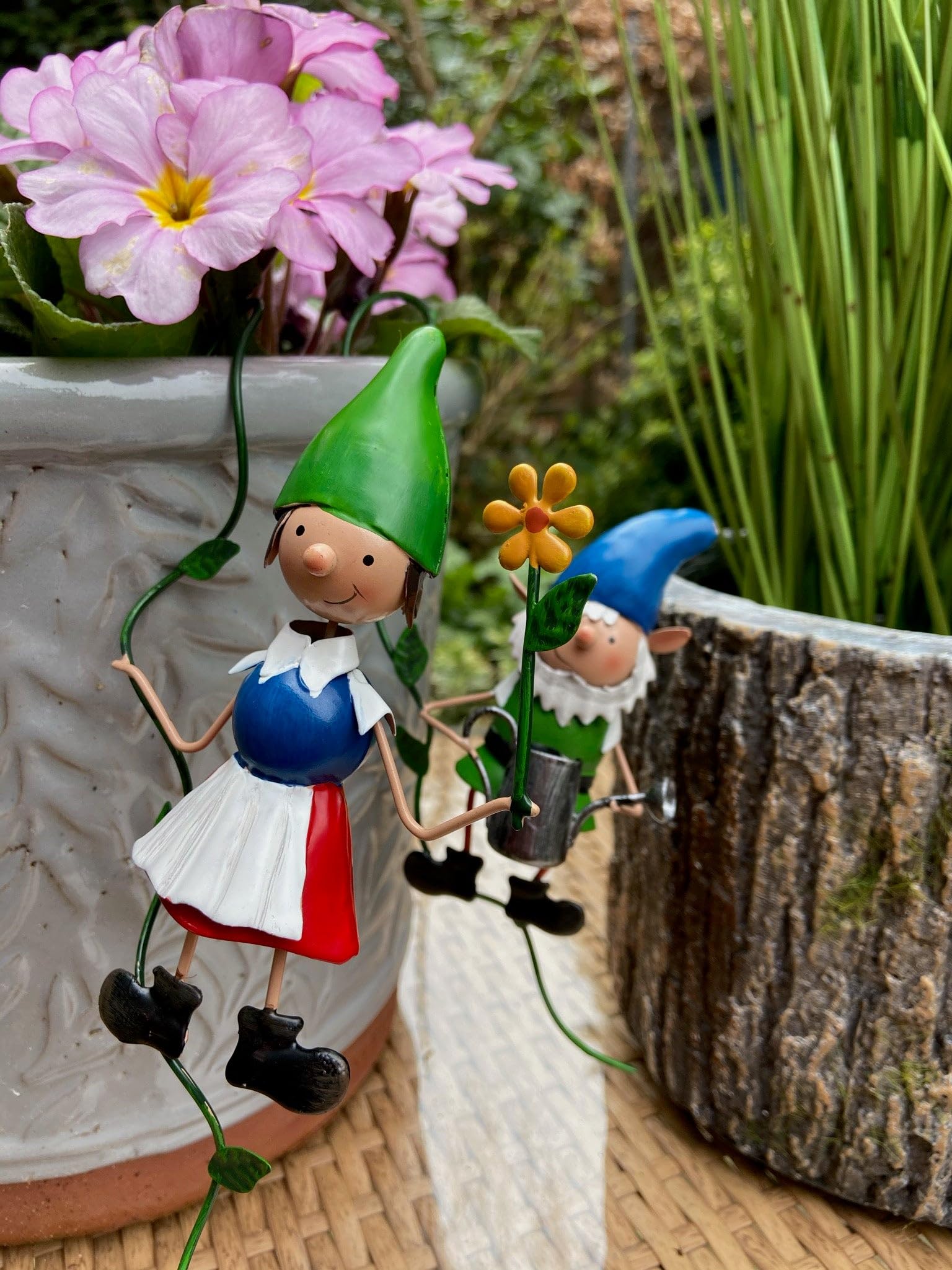 Olive & Sage Pair of 2 Hanging Miniature Fairy Garden Gnome Pot Hanger Ornaments