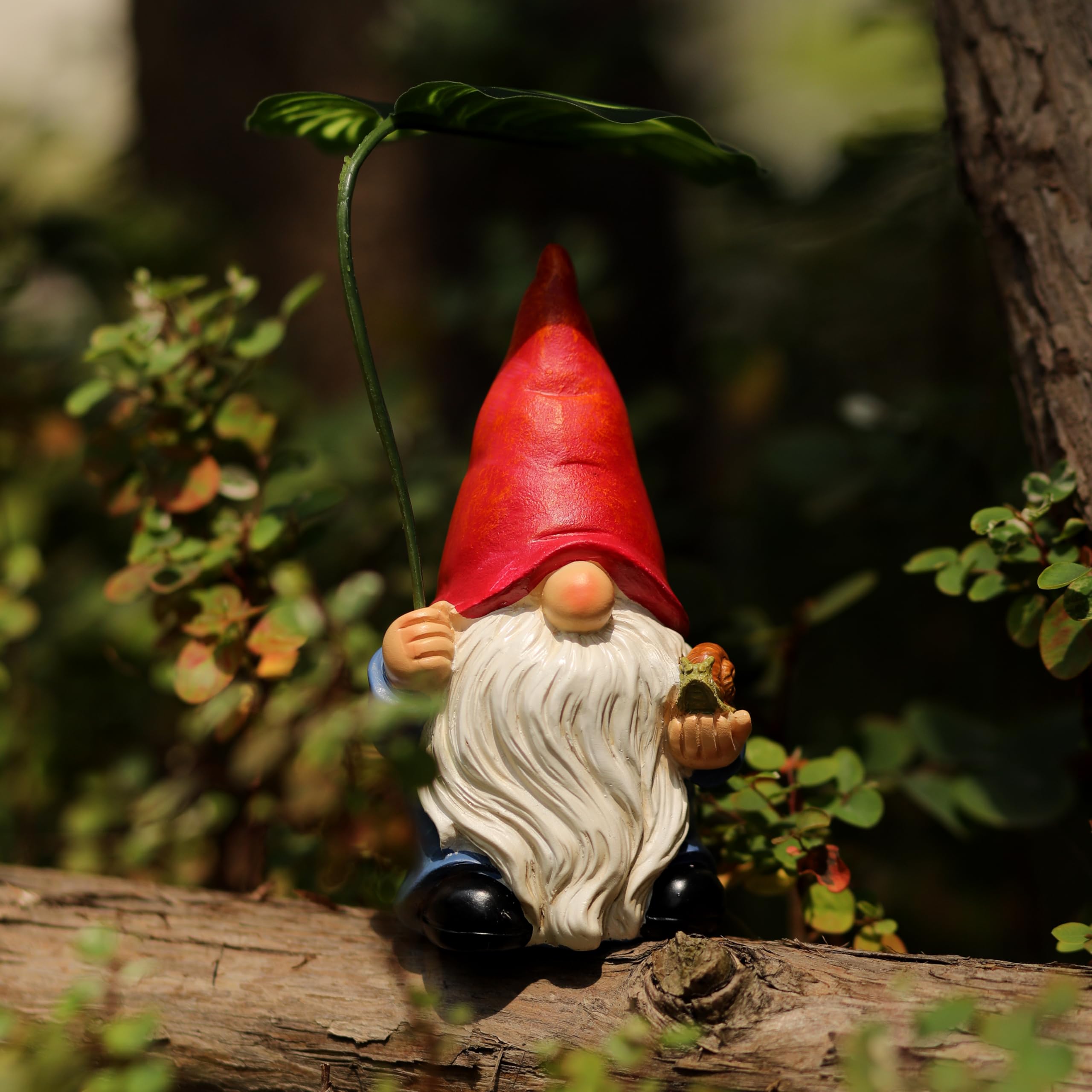 WSHMZYHOME Garden Gnome with Red Hat and Leaf Umbrella, Decorative Outdoor Statue, White Beard