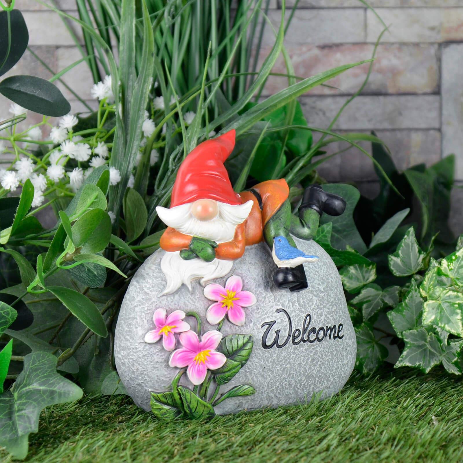 Garden Gnome Welcome Pebble Ornament Novelty Resin Decoration Outdoor - Red Hat