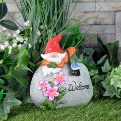 Garden Gnome Welcome Pebble Ornament Novelty Resin Decoration Outdoor - Red Hat