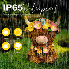 Colingmill Highland Cow Gnomes Resin, Garden Highland Cow Statue Solar Outdoor Decor with Flower Decoration for Patio, Yard, Gift for Mom, Cow Lovers(Bright)