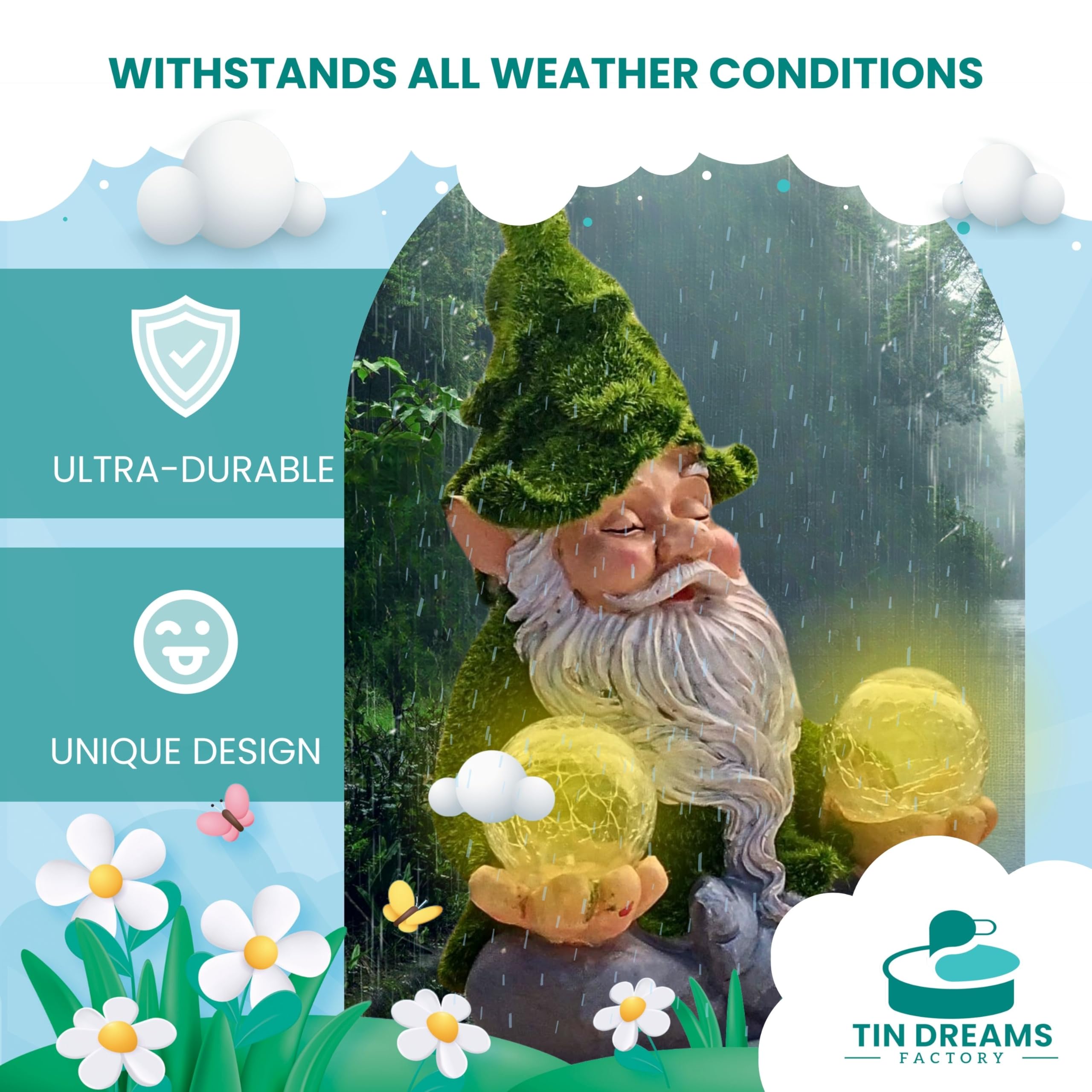 TIN DREAMS FACTORY | Zen Gnome with Solar Light – Decorative Garden Figure in Resin – Gnome with Luminous LED Ball – Original Ornament for Garden, Terrace, and Patio