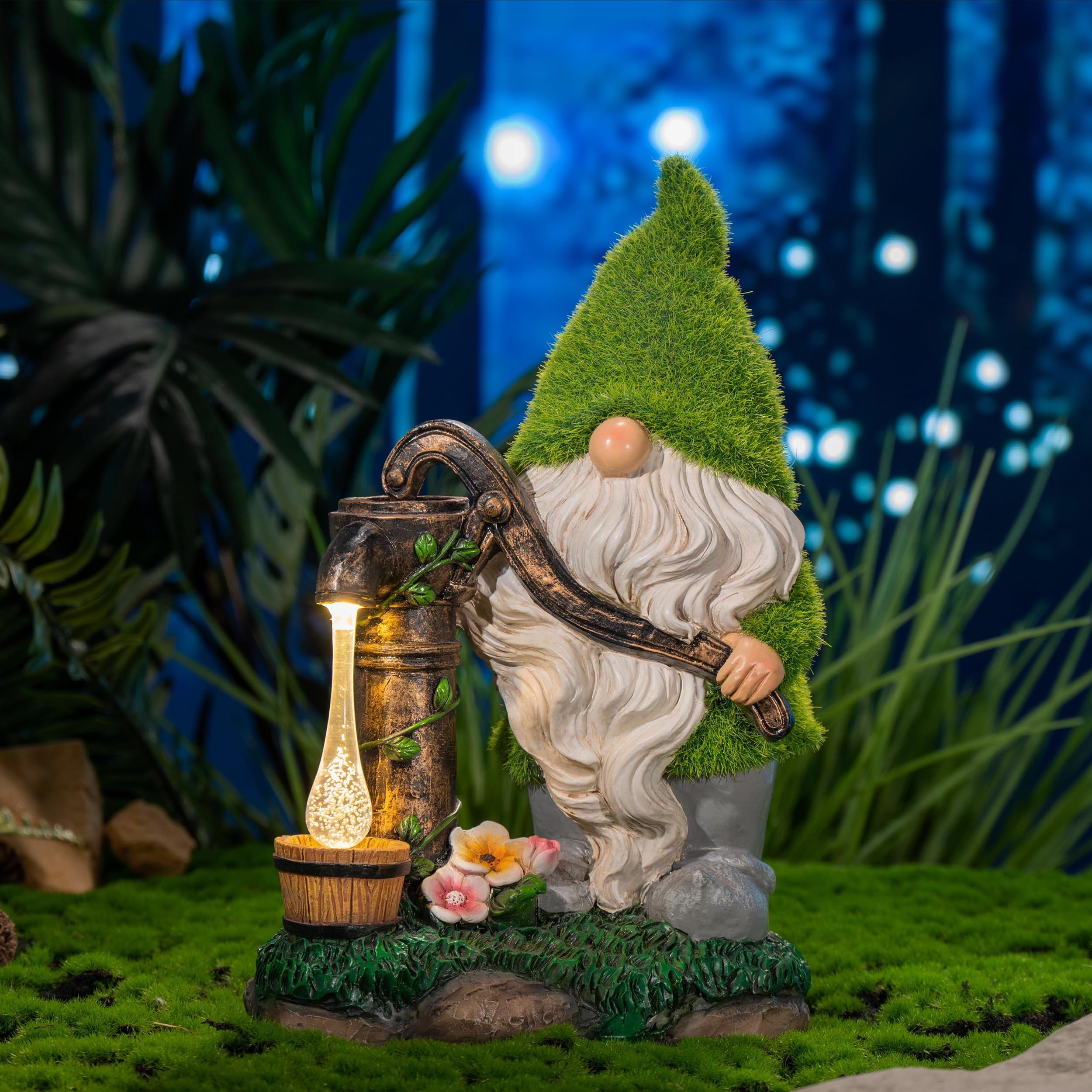 TERESA'S COLLECTIONS Garden Ornaments Outdoor, Lovely Green Clothes Gonk Pumping Water with Solar-Powered Lights, Waterproof Resin Gnomes Ornaments, Garden Decorations Gifts, Indoor Outdoor 22.5CM