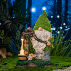 TERESA'S COLLECTIONS Garden Ornaments Outdoor, Lovely Green Clothes Gonk Pumping Water with Solar-Powered Lights, Waterproof Resin Gnomes Ornaments, Garden Decorations Gifts, Indoor Outdoor 22.5CM